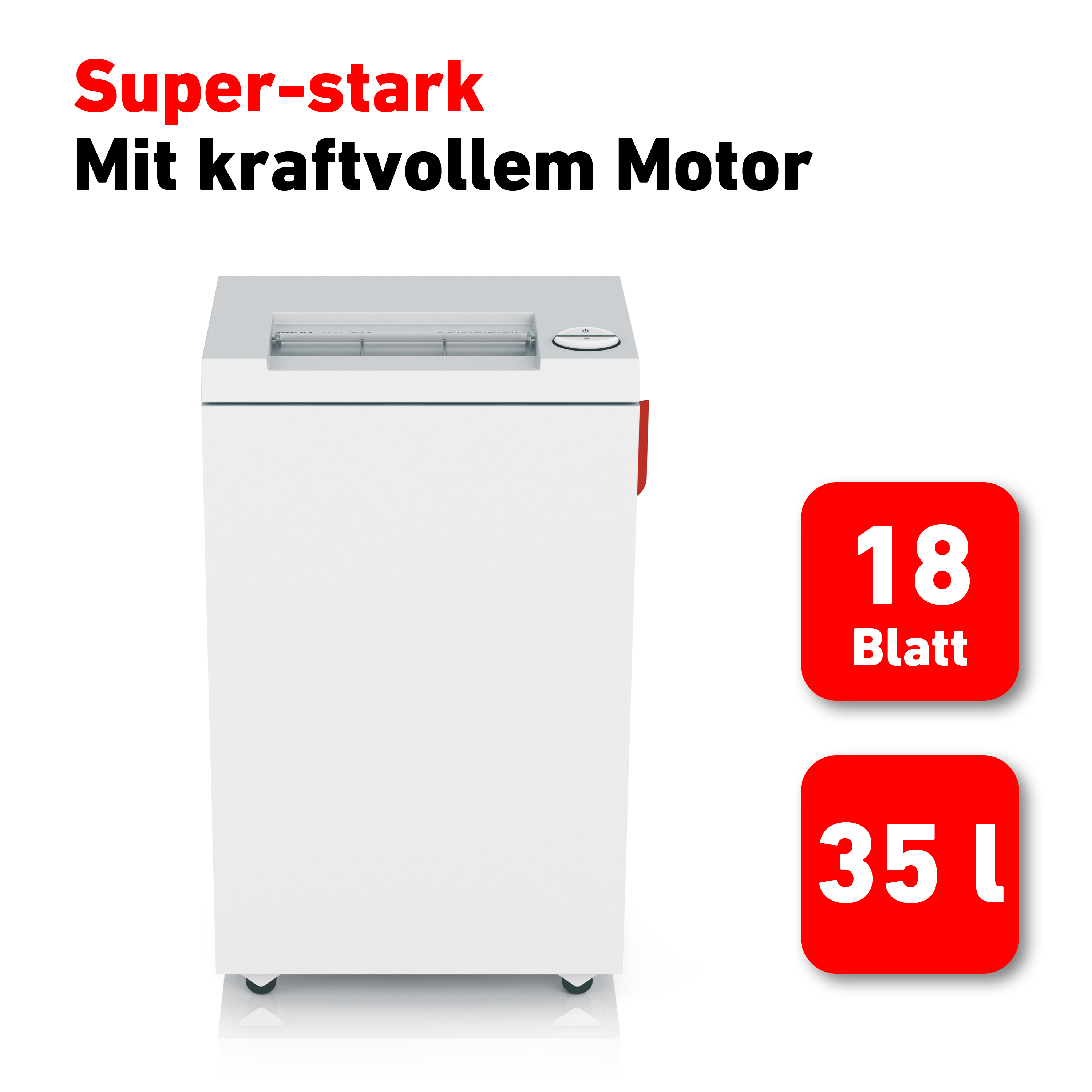 Weißer Aktenvernichter mit roten Akzenten. Zwei rote Quadrate mit 18 Blatt und 35 L.