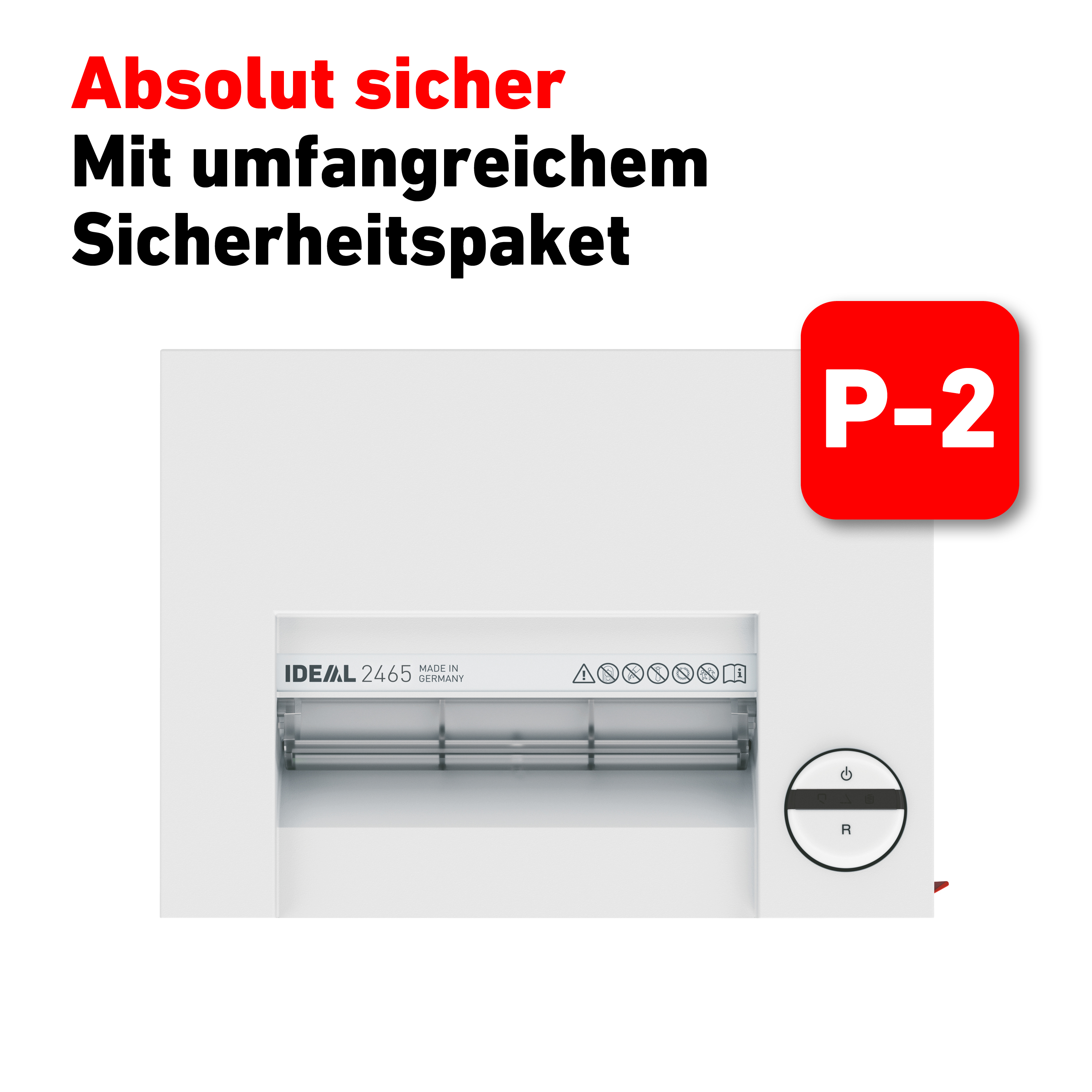 Ein weißes Gerät mit Frontplatte wird gezeigt. Der Text oben lautet: 'Absolut sicher mit umfangreichem Sicherheitspaket'.