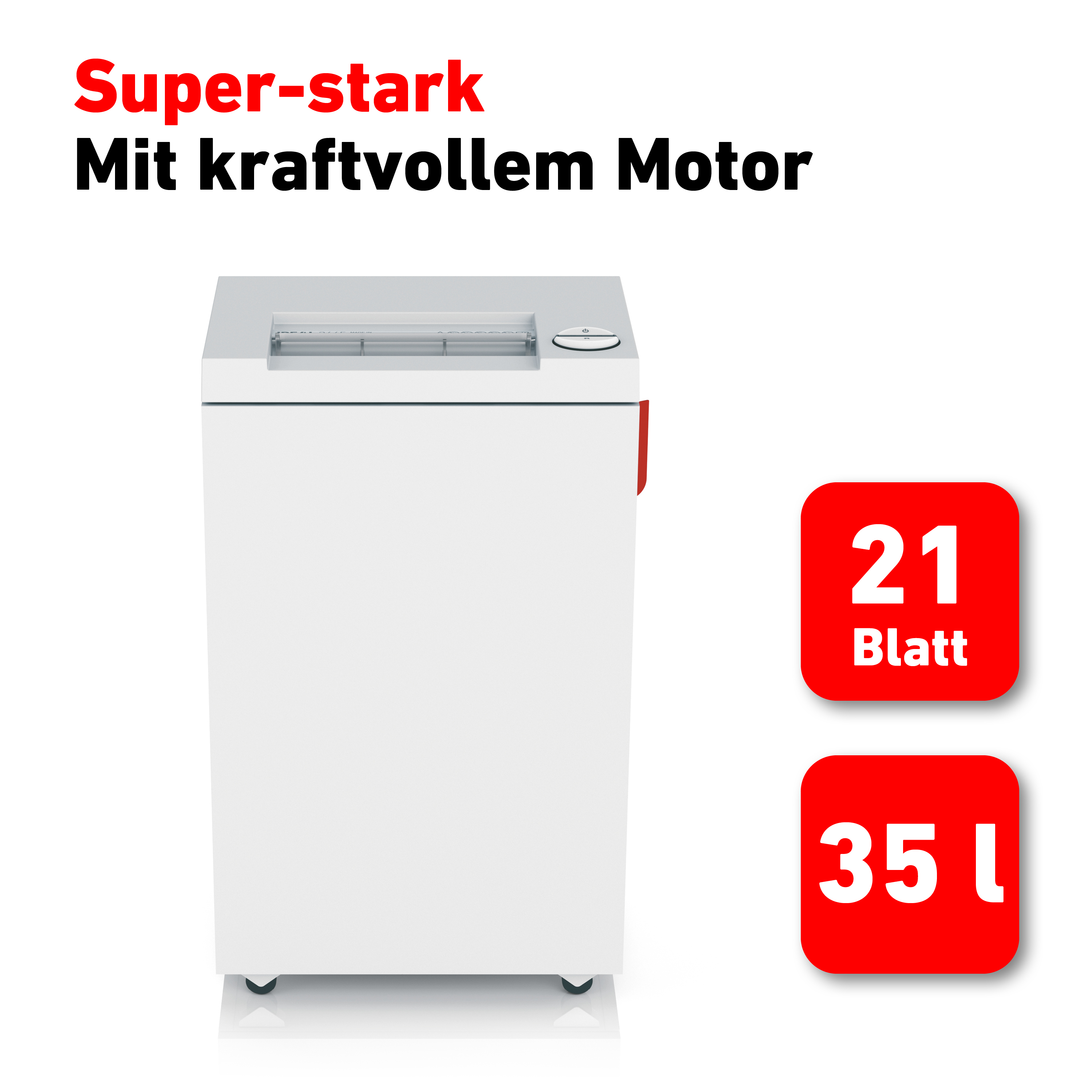 Weißer Aktenvernichter mit roten Akzenten und zwei roten Quadraten mit Text.