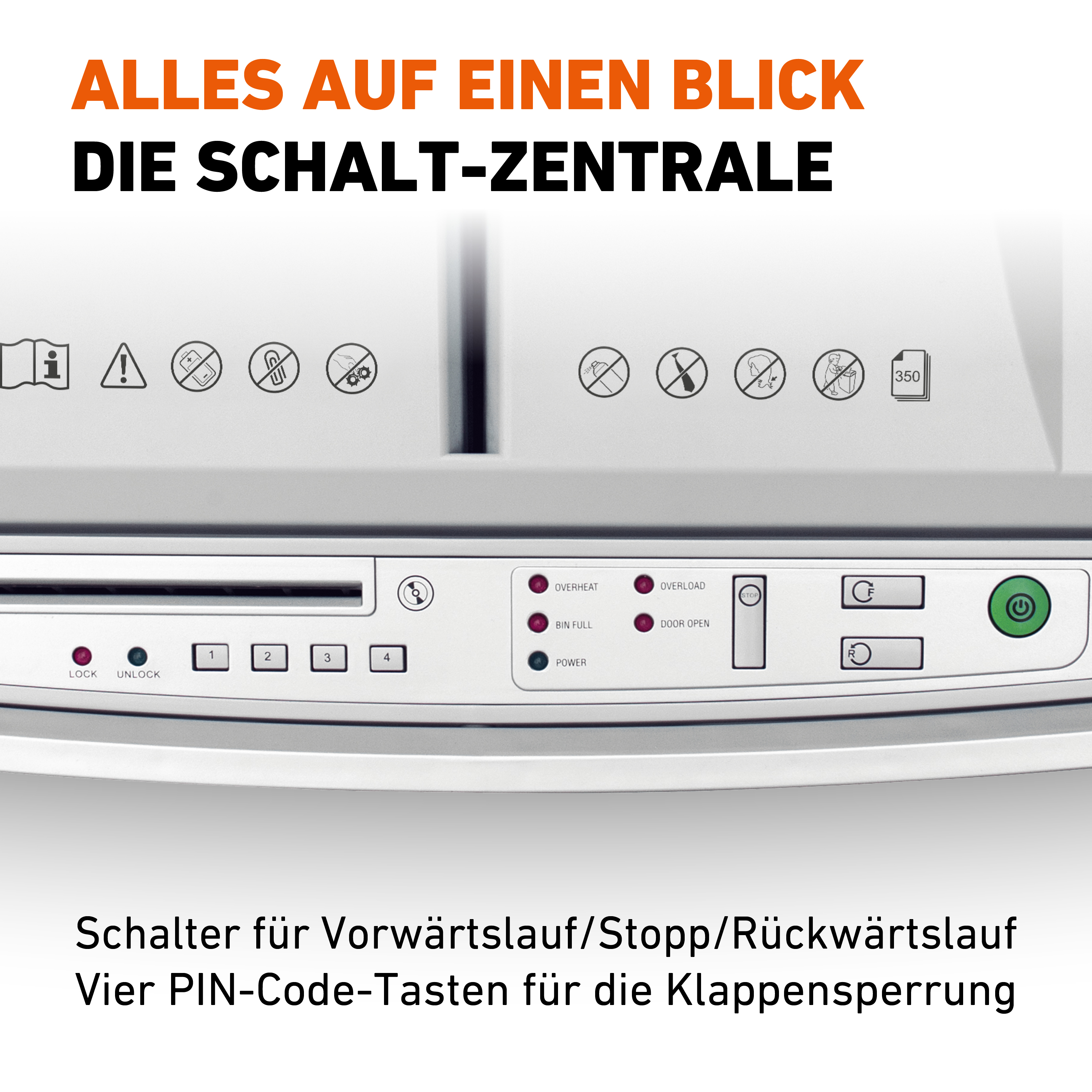 Bedienfeld mit Symbolen und Tasten für ein Gerät, einschließlich Verriegelung, Stromversorgung und Fehleranzeigen.