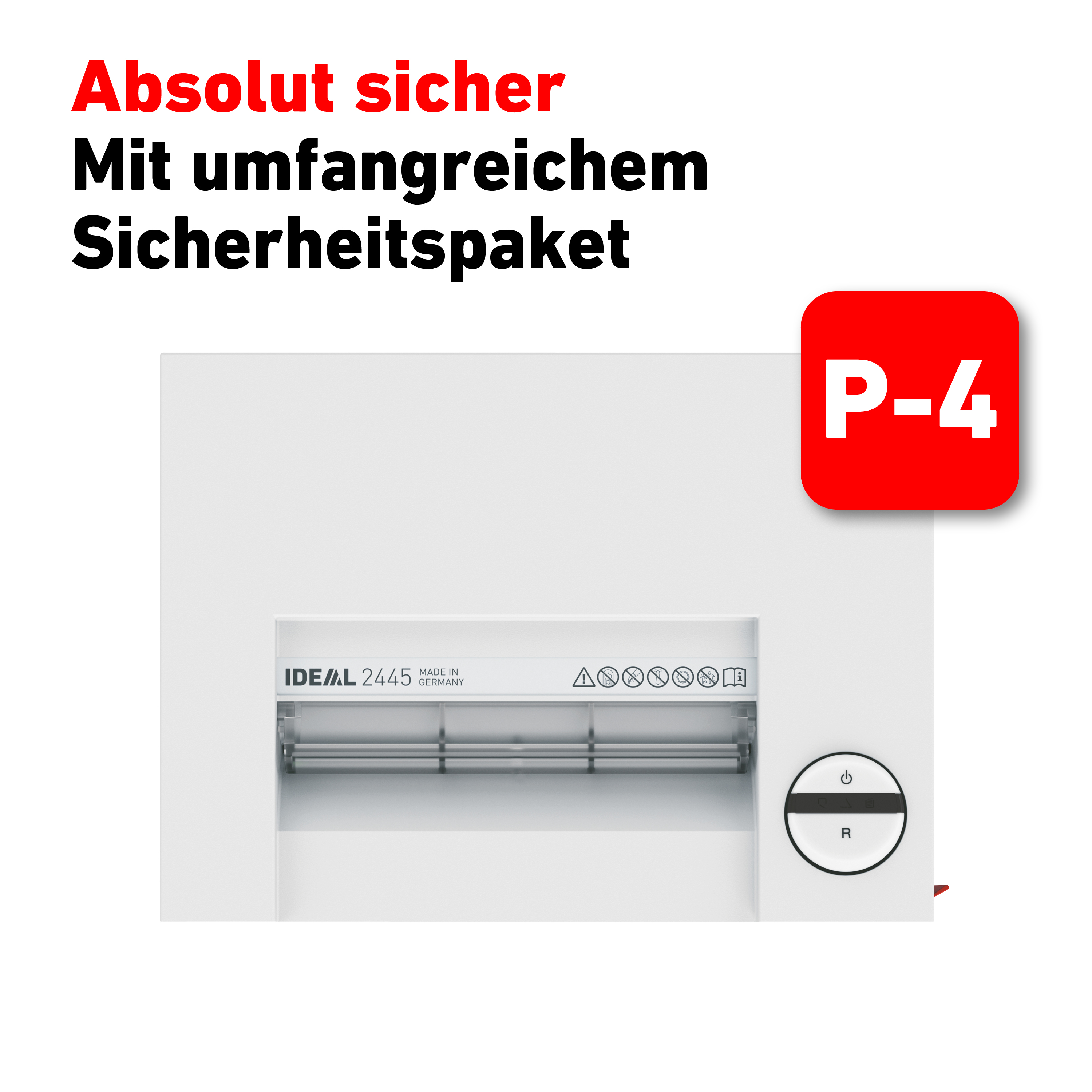 Aktenvernichter mit dem Text: Absolut sicher, P-4-Bewertung. Roter Kasten und Text im Hintergrund.