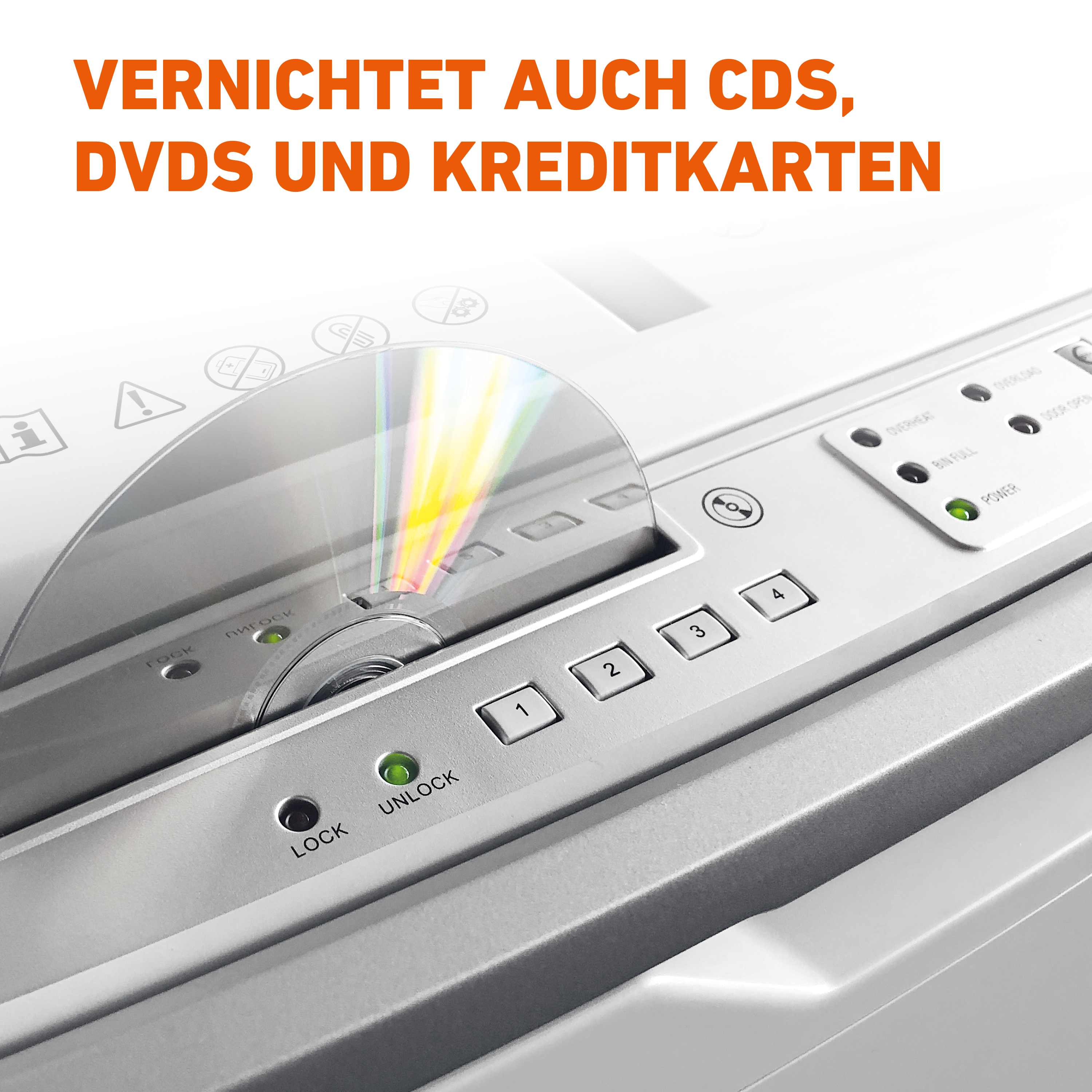 Ein Aktenvernichter mit einer zerkleinerten CD. Knöpfe und Lichter sind auf dem Schredder sichtbar.