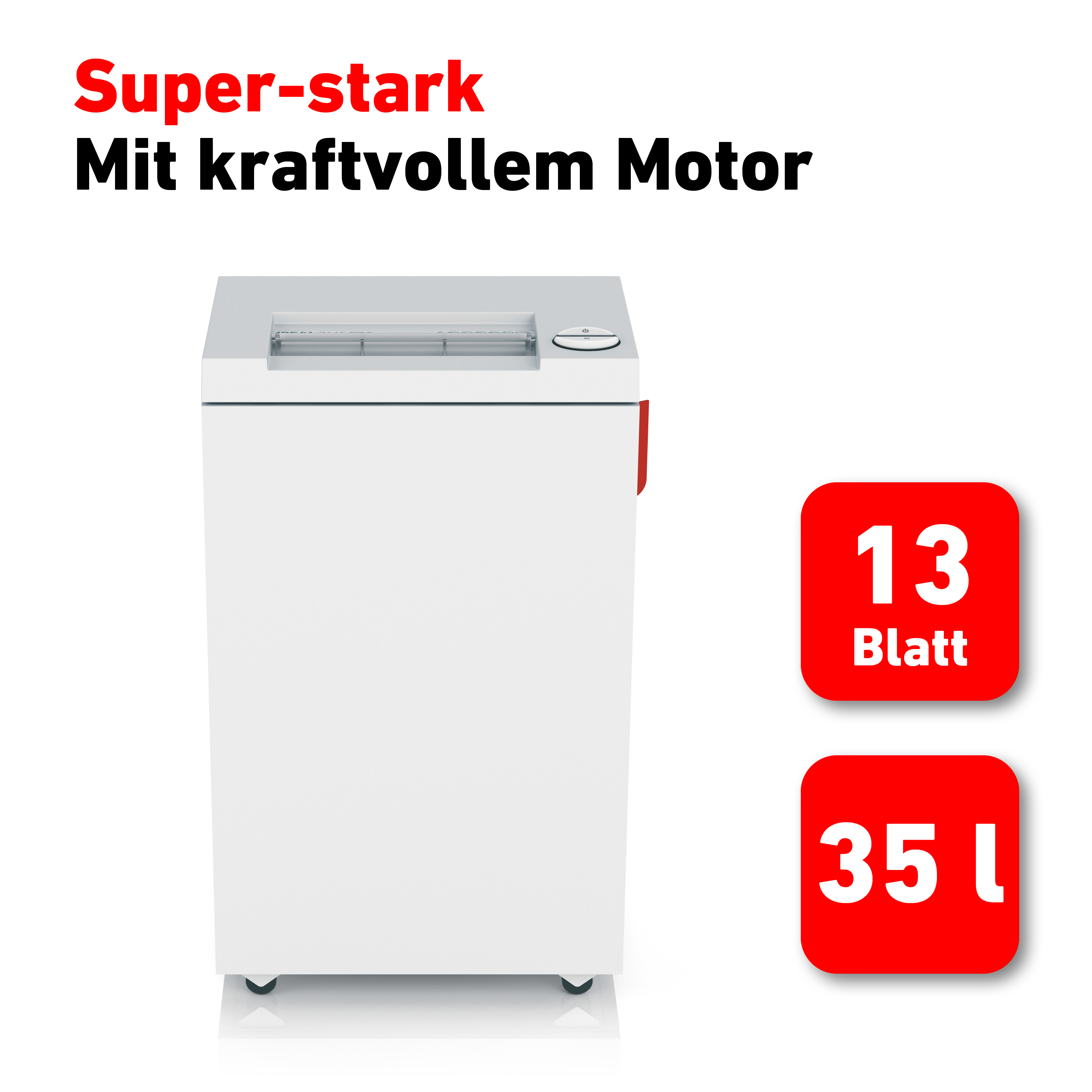 Weißer Aktenvernichter mit roten Akzenten und Text. Zwei rote Kästchen mit Kapazität.