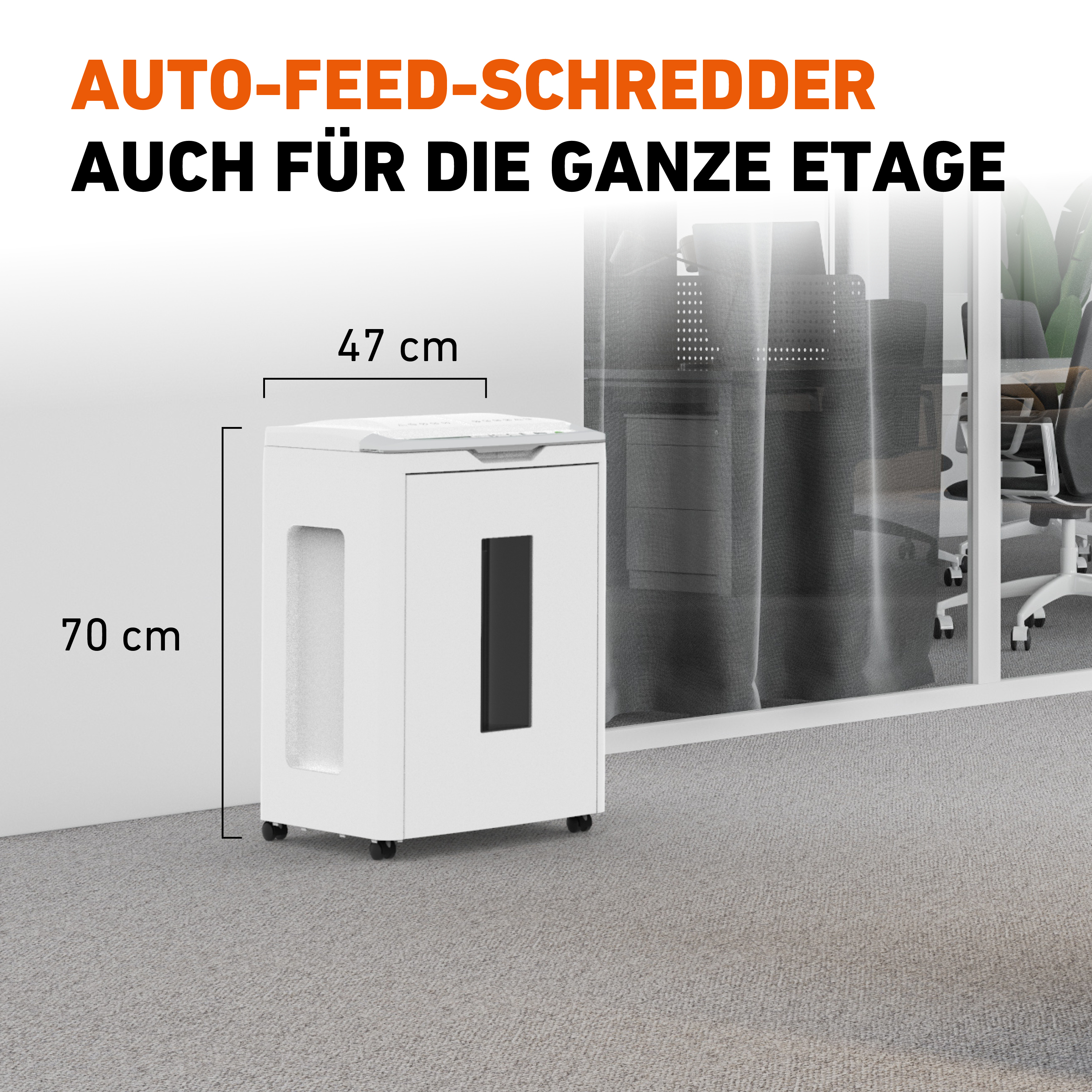 Weißer Auto-Feed-Schredder in Büroumgebung. Abmessungen sind sichtbar.