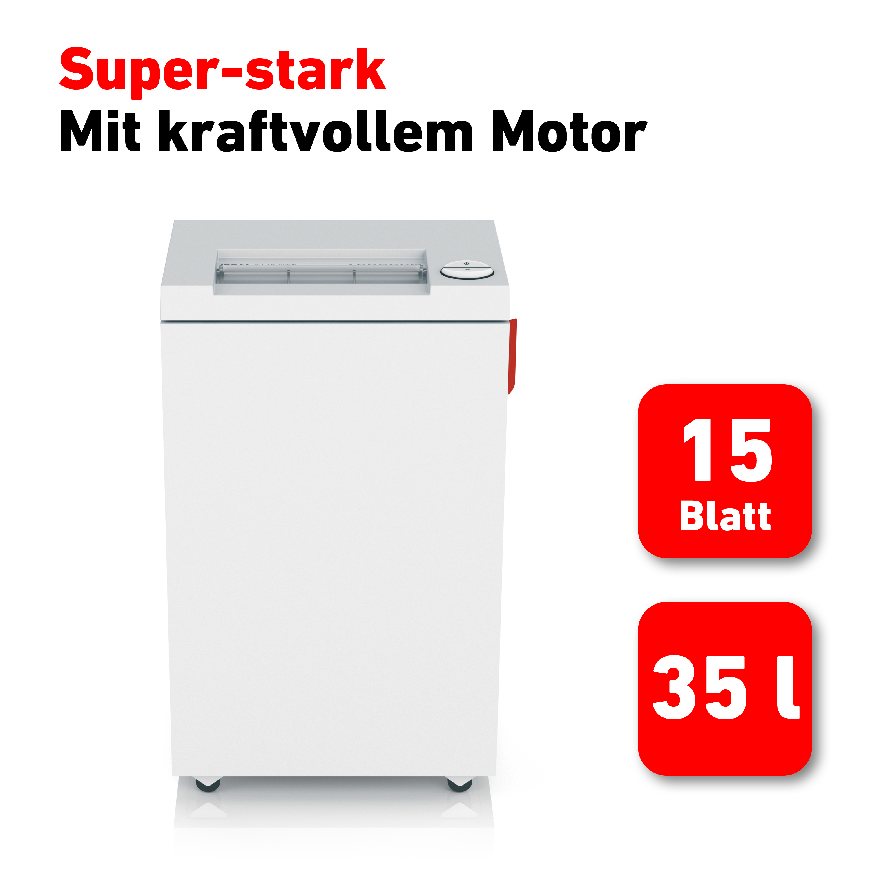 Ein weißer Aktenvernichter mit roten Akzenten und zwei roten Etiketten für die Kapazität.