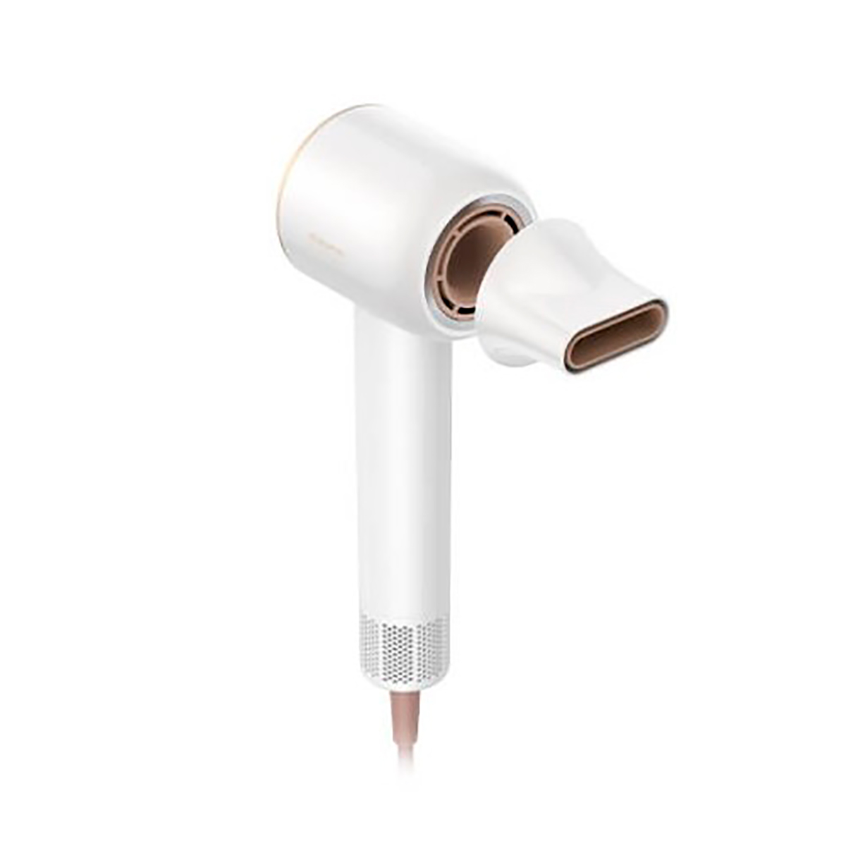 Biała suszarka do włosów z odłączoną dyszą, pokazująca wnętrze.