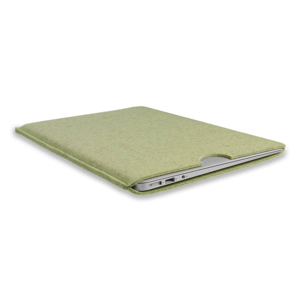 Grüne Laptoptasche mit einem Laptop darin.