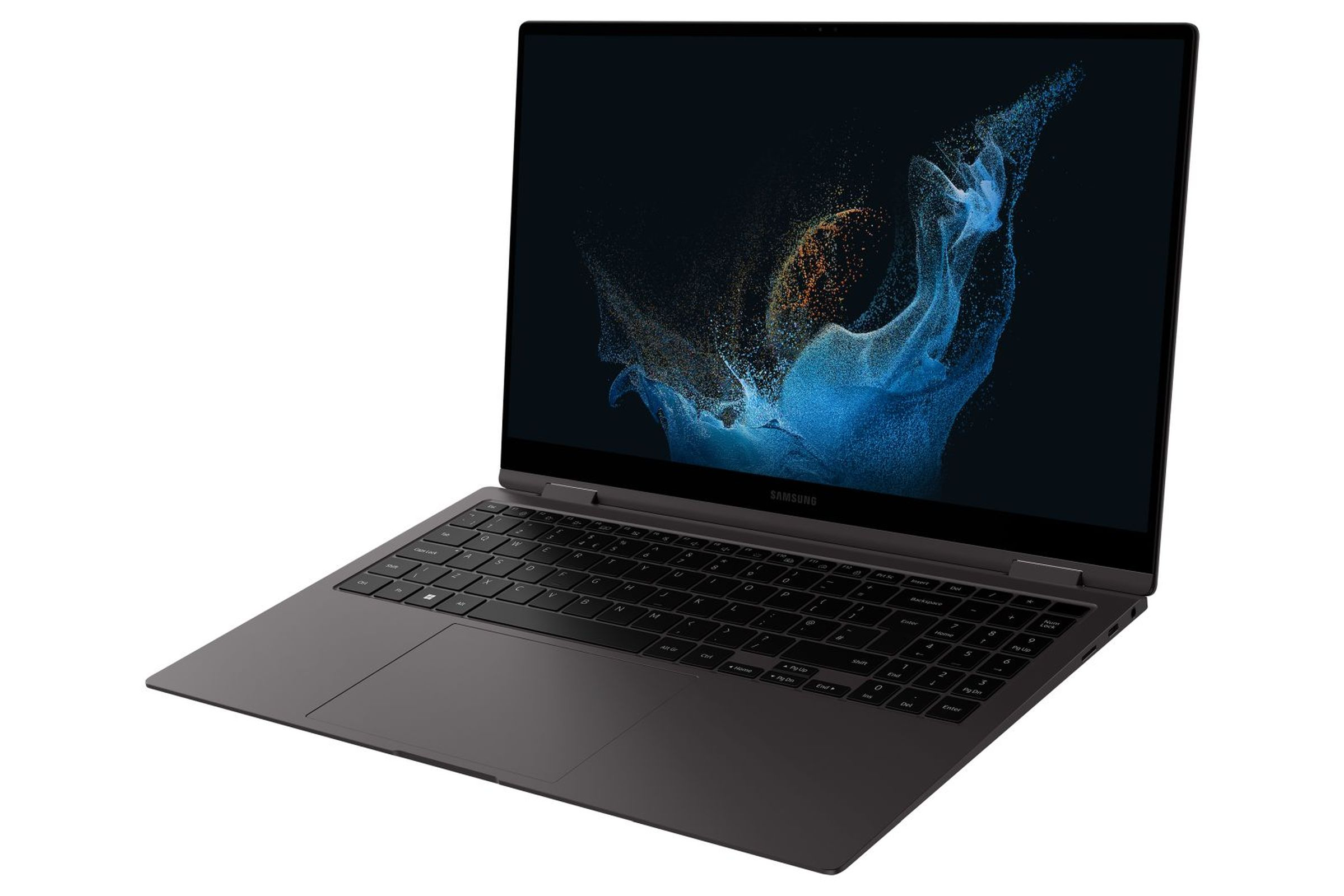 Dunkelgrauer Laptop mit offenem Bildschirm, Tastatur sichtbar. Weißer Hintergrund.