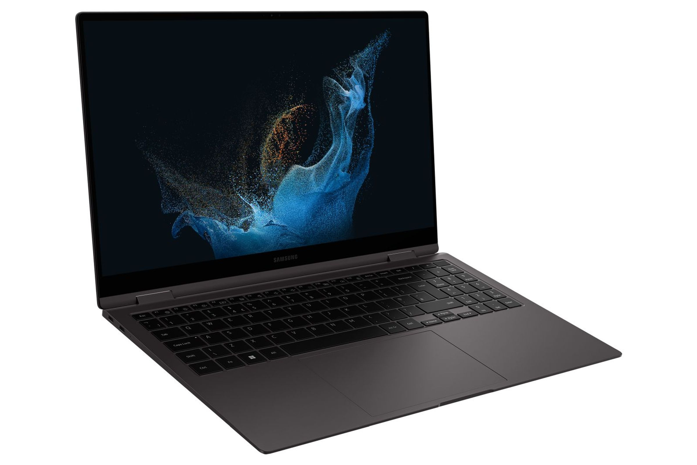 Dunkelgrauer Laptop mit schwarzer Tastatur und Bildschirm mit farbigem Bild.