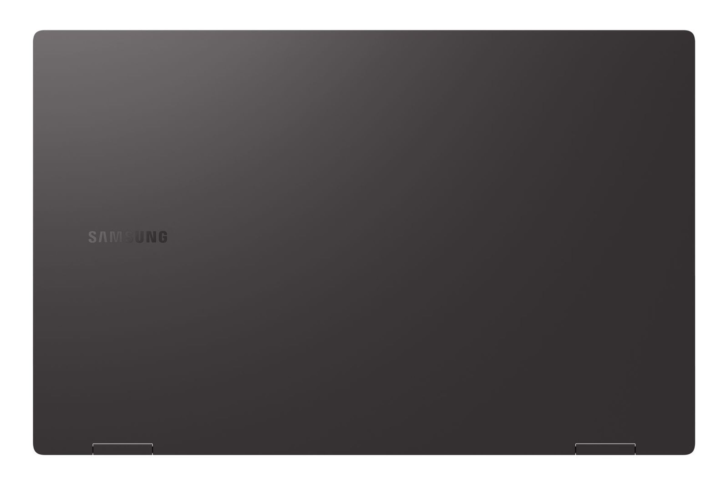Draufsicht auf einen schwarzen Laptop mit dem Samsung-Logo. Weißer Hintergrund.