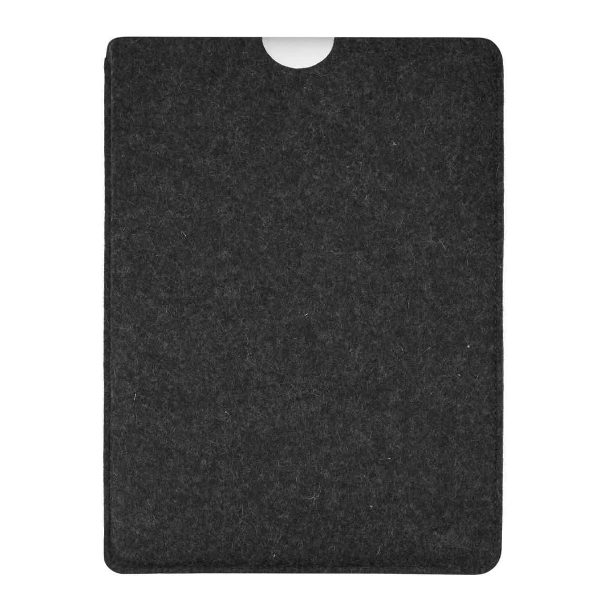Dunkelgraue Filzhülle für ein Tablet. Weißer Hintergrund. Rechteckige Form, einfaches Design.