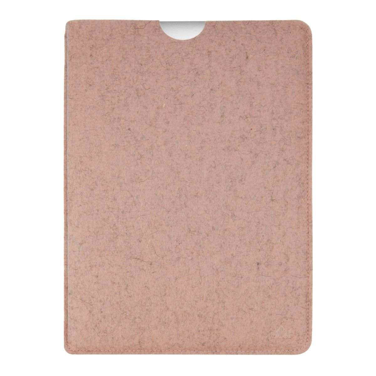 Eine rosa Filzhülle für ein Tablet. Die Oberseite hat einen Ausschnitt für etwas.