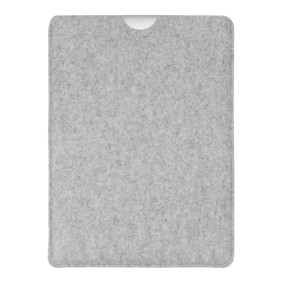 Eine graue Tablet-Hülle aus Filz. Weißer Hintergrund. Die Öffnung befindet sich oben.