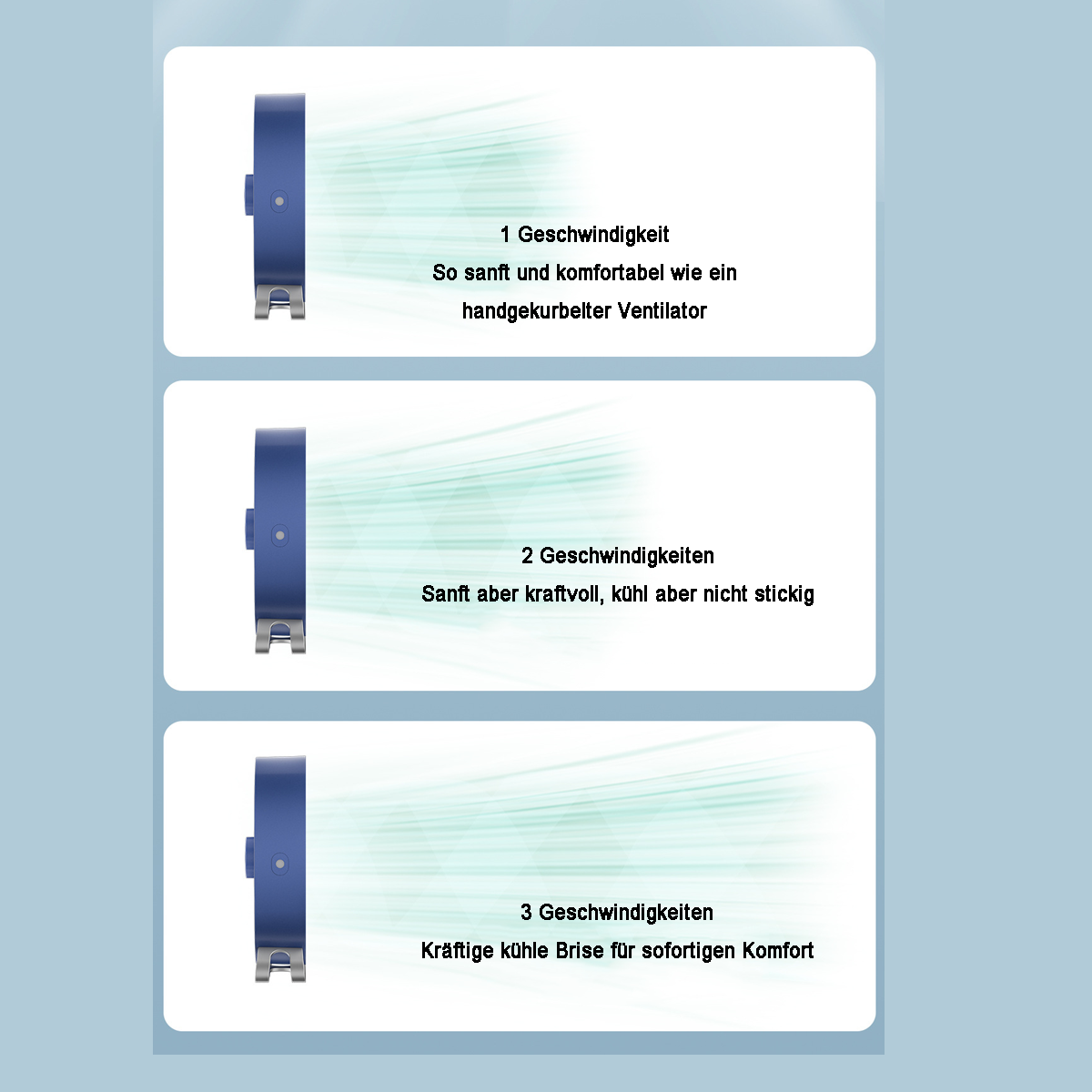Drei Bilder, die verschiedene Lüftergeschwindigkeiten mit Beschreibungen in deutscher Sprache zeigen.