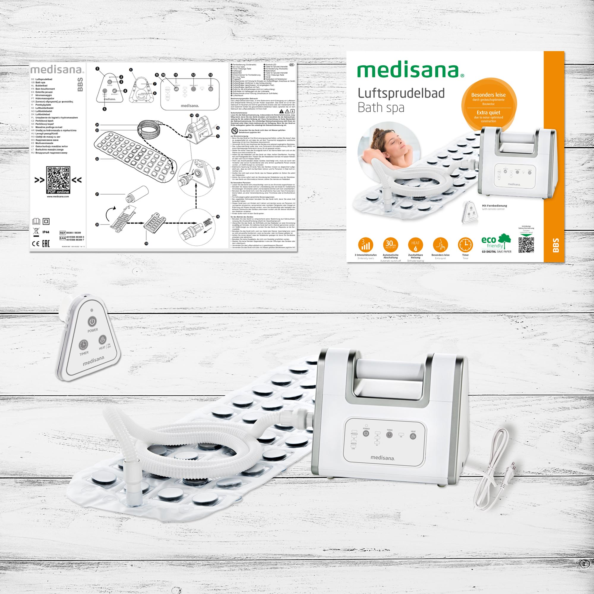 Spa de bain blanc, instructions et schémas. Avec une femme relaxante et des icônes de fonctions.