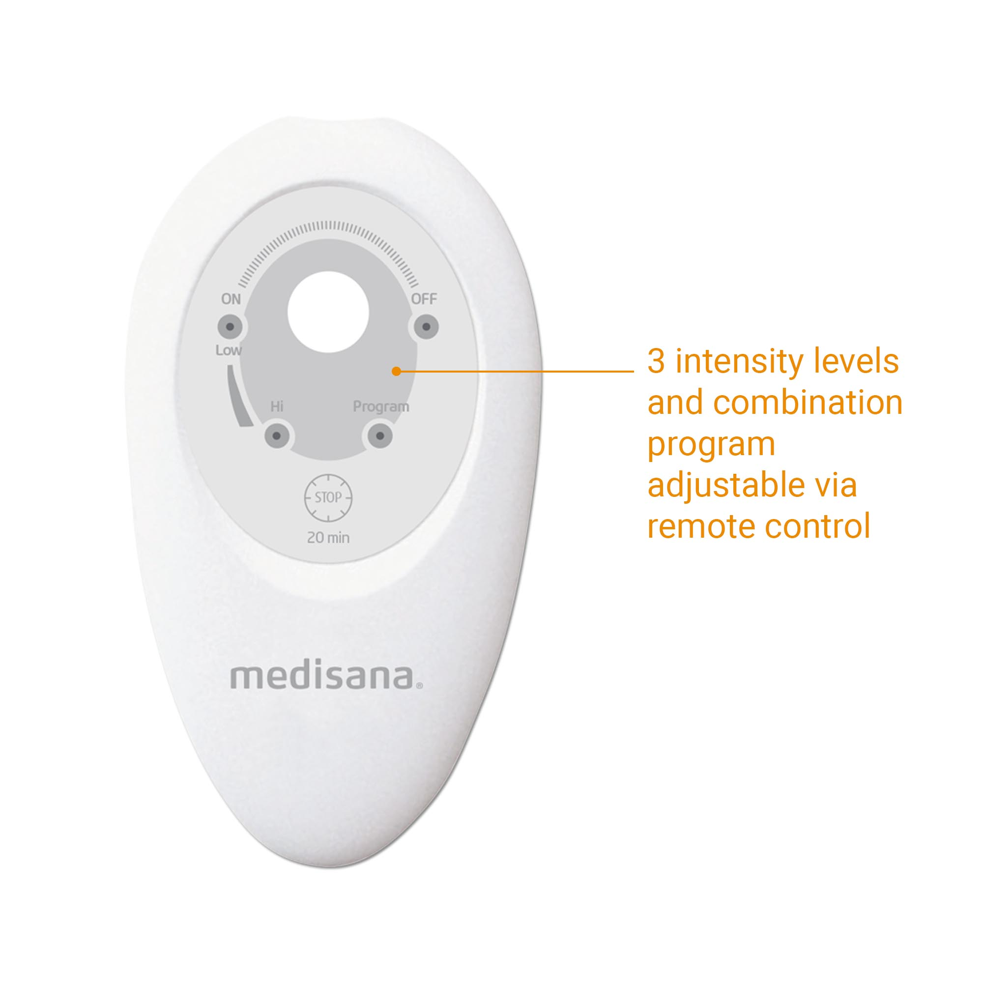Witte afstandsbediening met knoppen en tekst, gemarkeerd met 'medisana'.