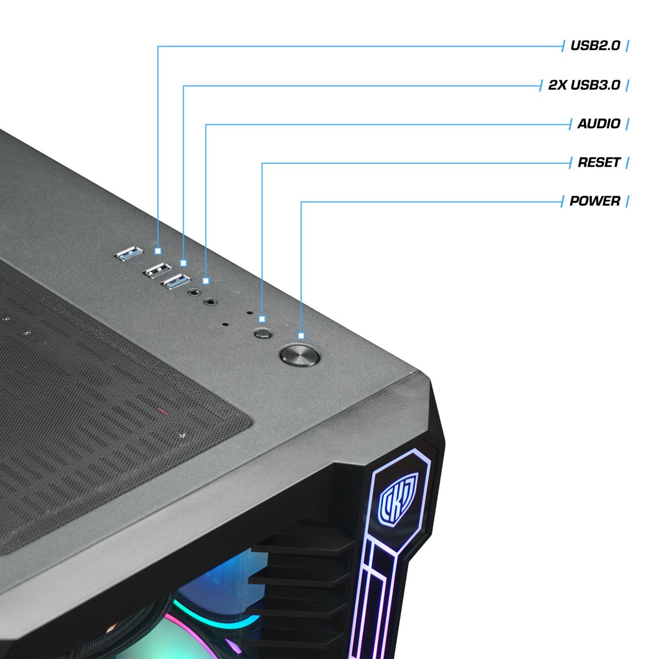 Nahaufnahme eines Computergehäuses mit Anschlüssen und Beschriftungen.