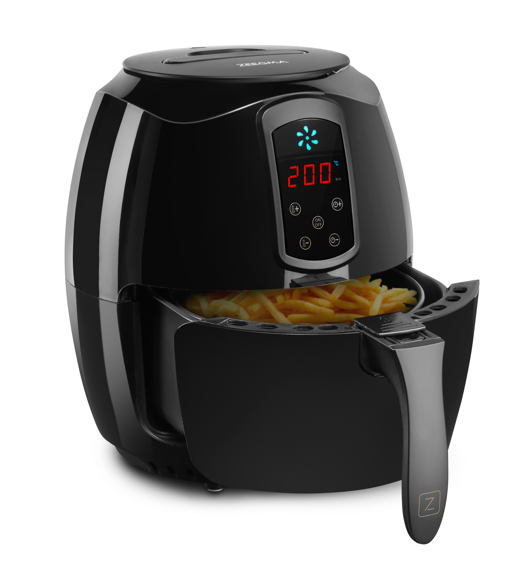 Czarna frytownica powietrzna z frytkami. Wyświetla 200 stopni Celsjusza.