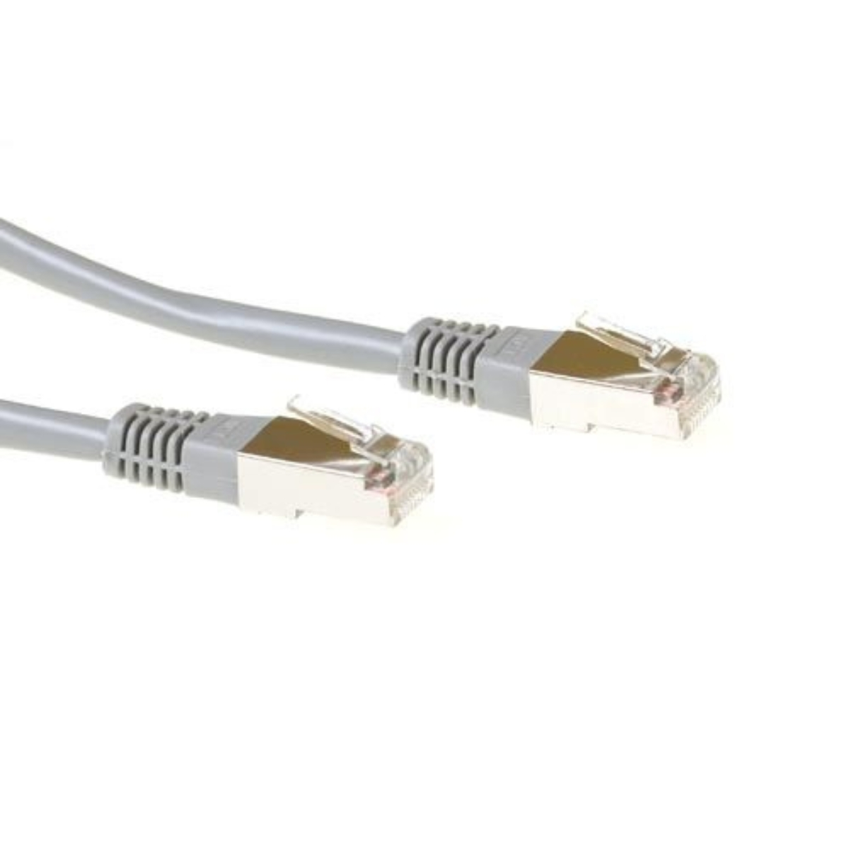 Two gray Ethernet cables with silver connectors are on a white background.