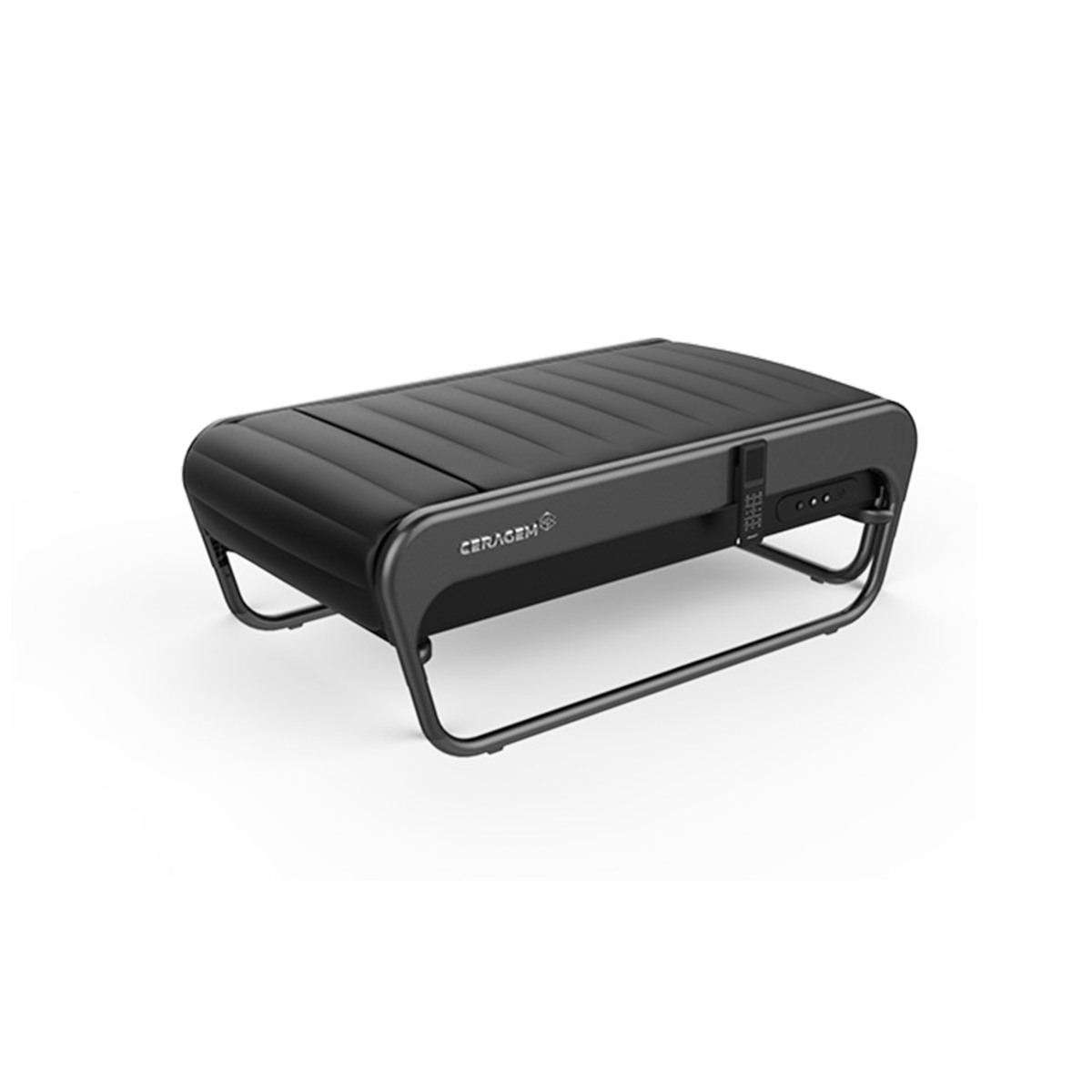 Ein schwarzes Massagebett mit geschwungenem Design und Bedienfeld an der Seite.