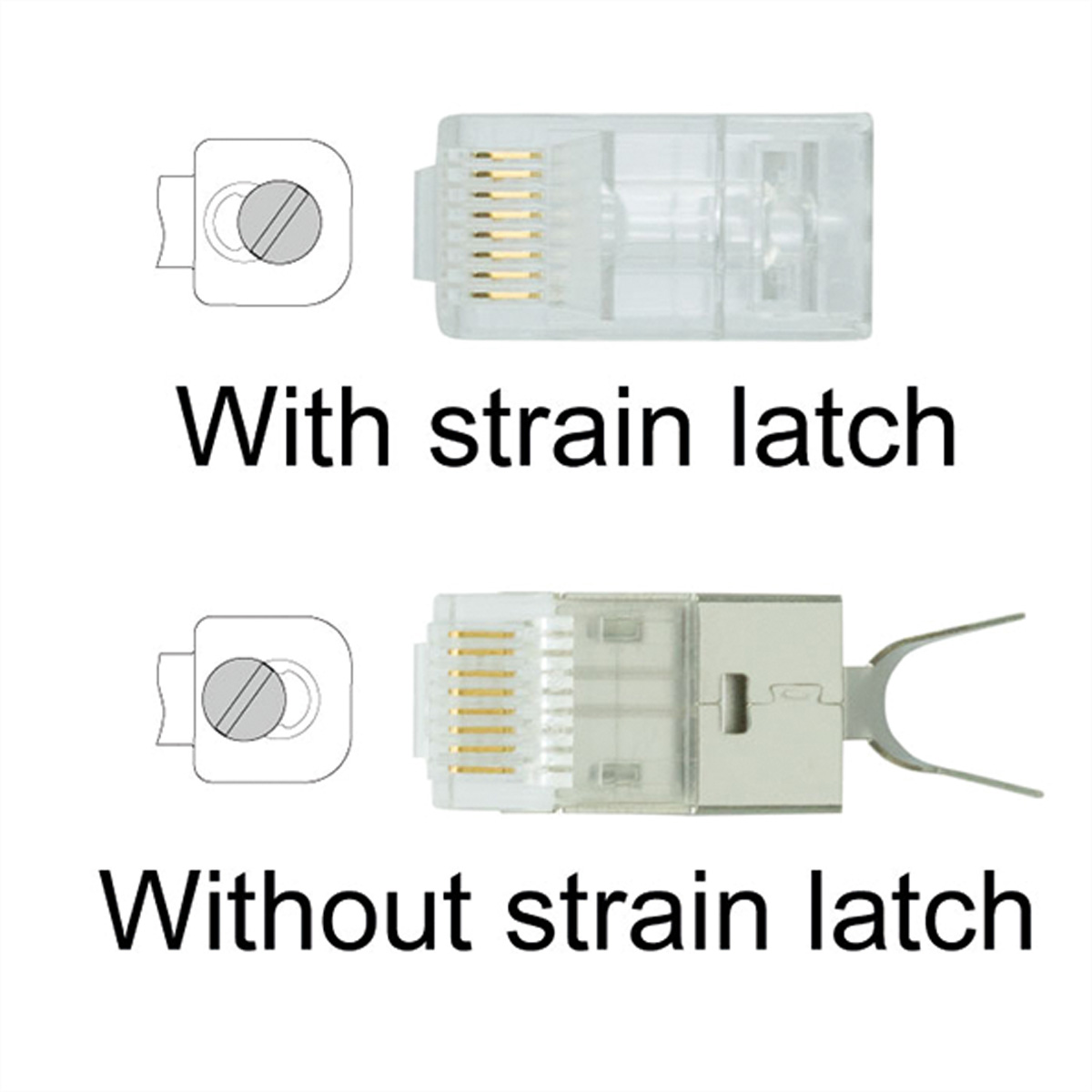 Diagram showing two RJ45 connectors, one with a strain latch and one without.