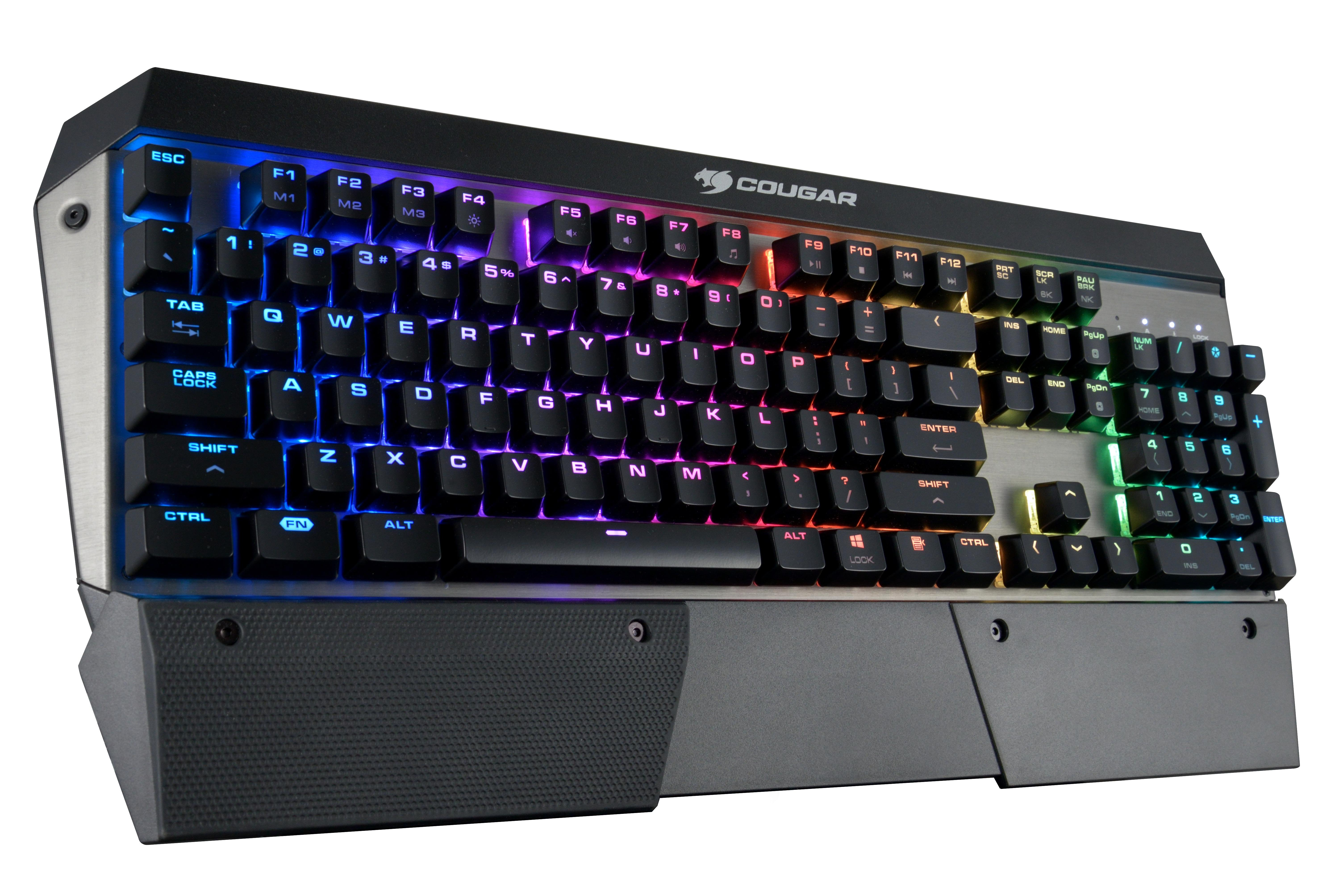Czarna i srebrna klawiatura Cougar z podświetleniem RGB i podpórką pod nadgarstek.