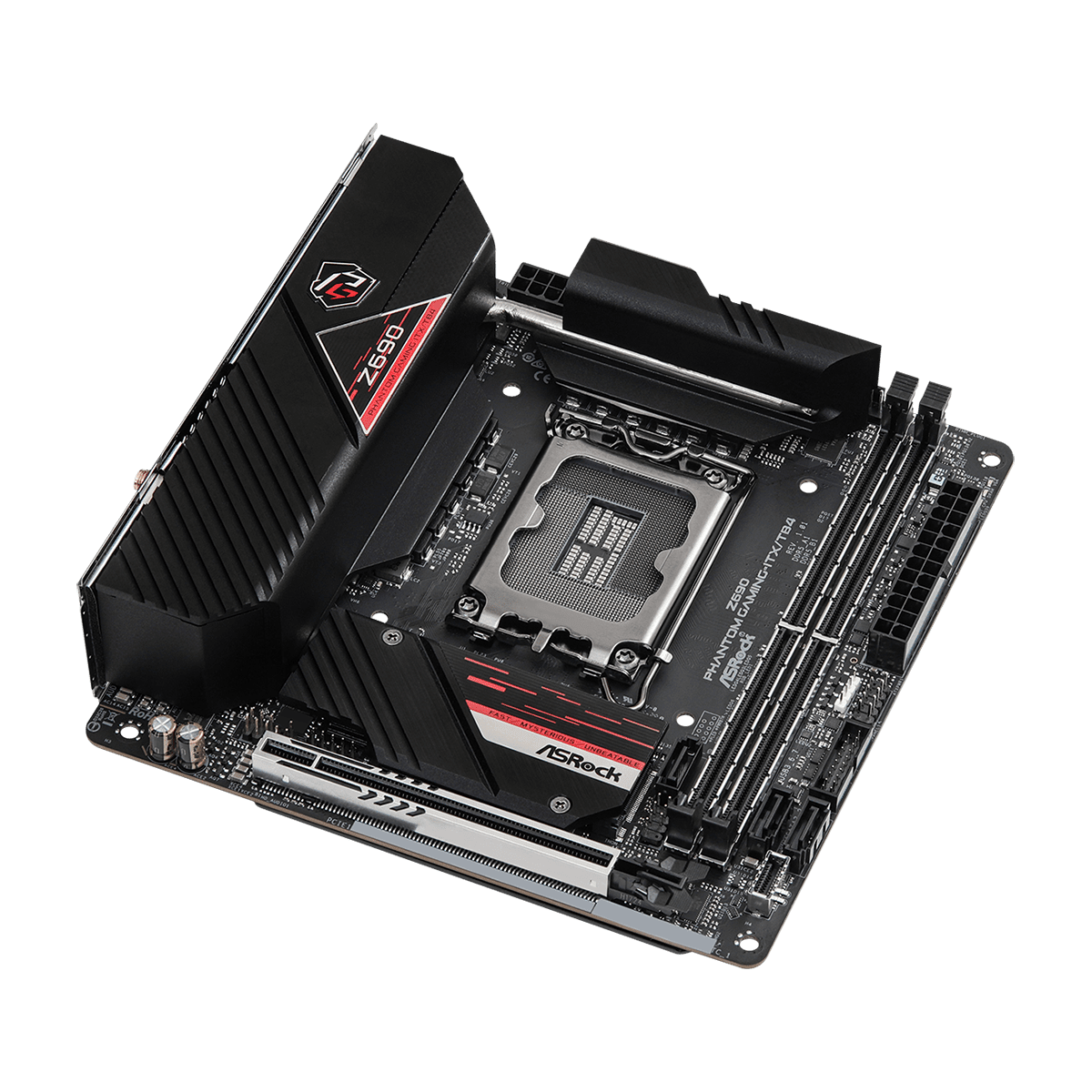 Ein schwarzes Motherboard mit verschiedenen Komponenten und dem ASRock-Logo, isoliert auf weißem Hintergrund.