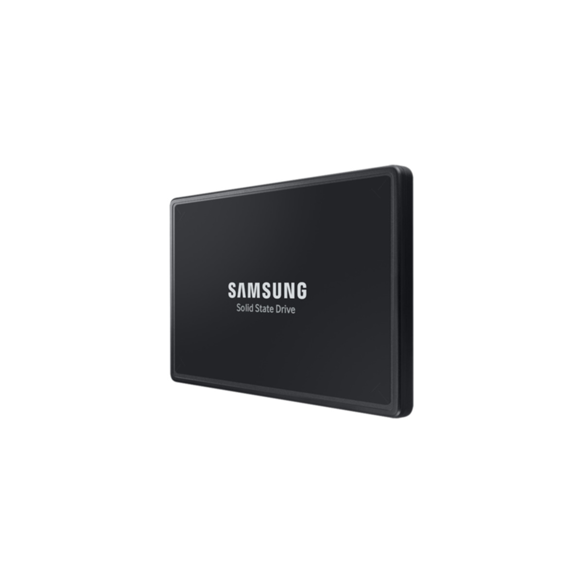 Eine schwarze Samsung SSD Solid State Drive auf weißem Hintergrund.