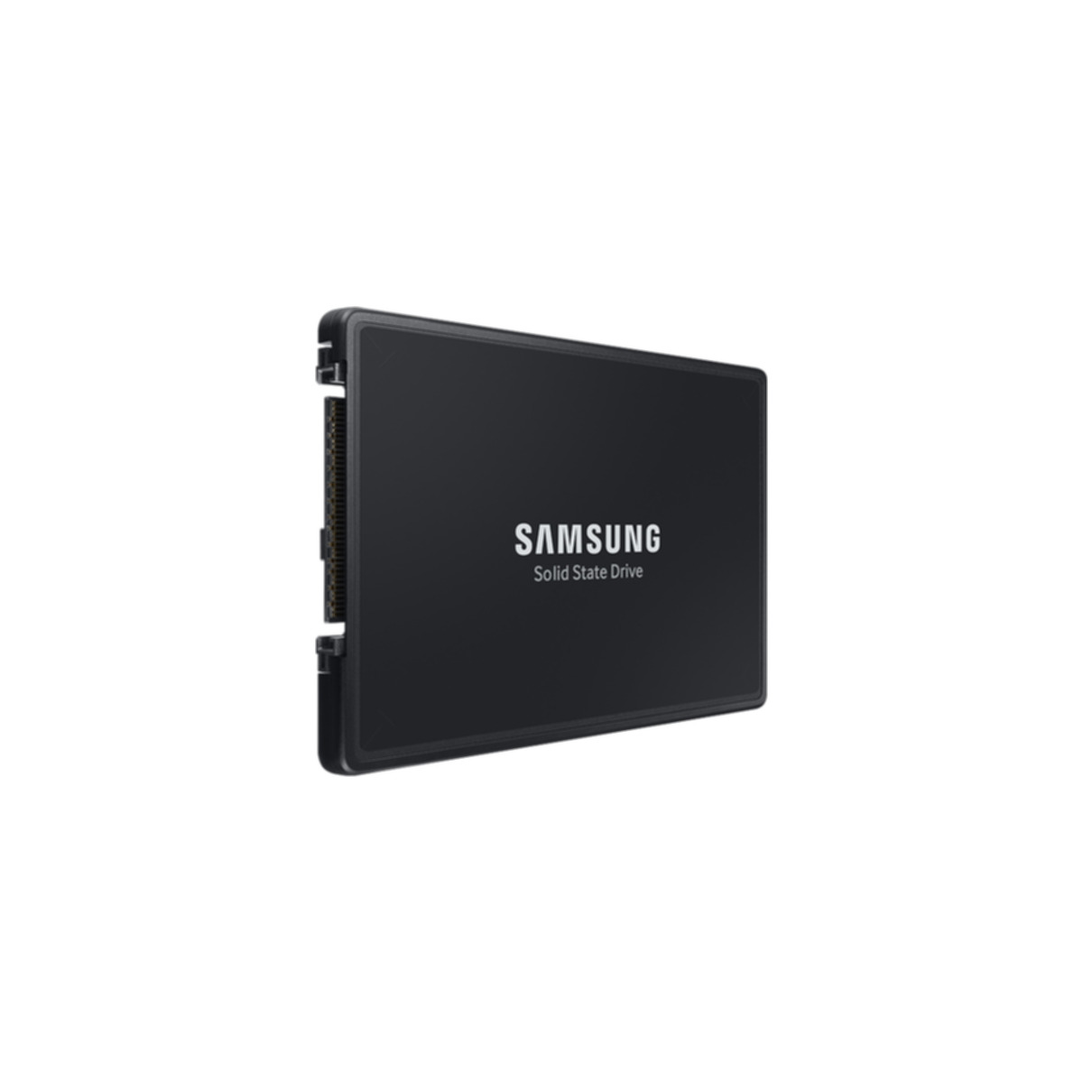 Schwarze Samsung SSD-Festplatte isoliert auf weißem Hintergrund.