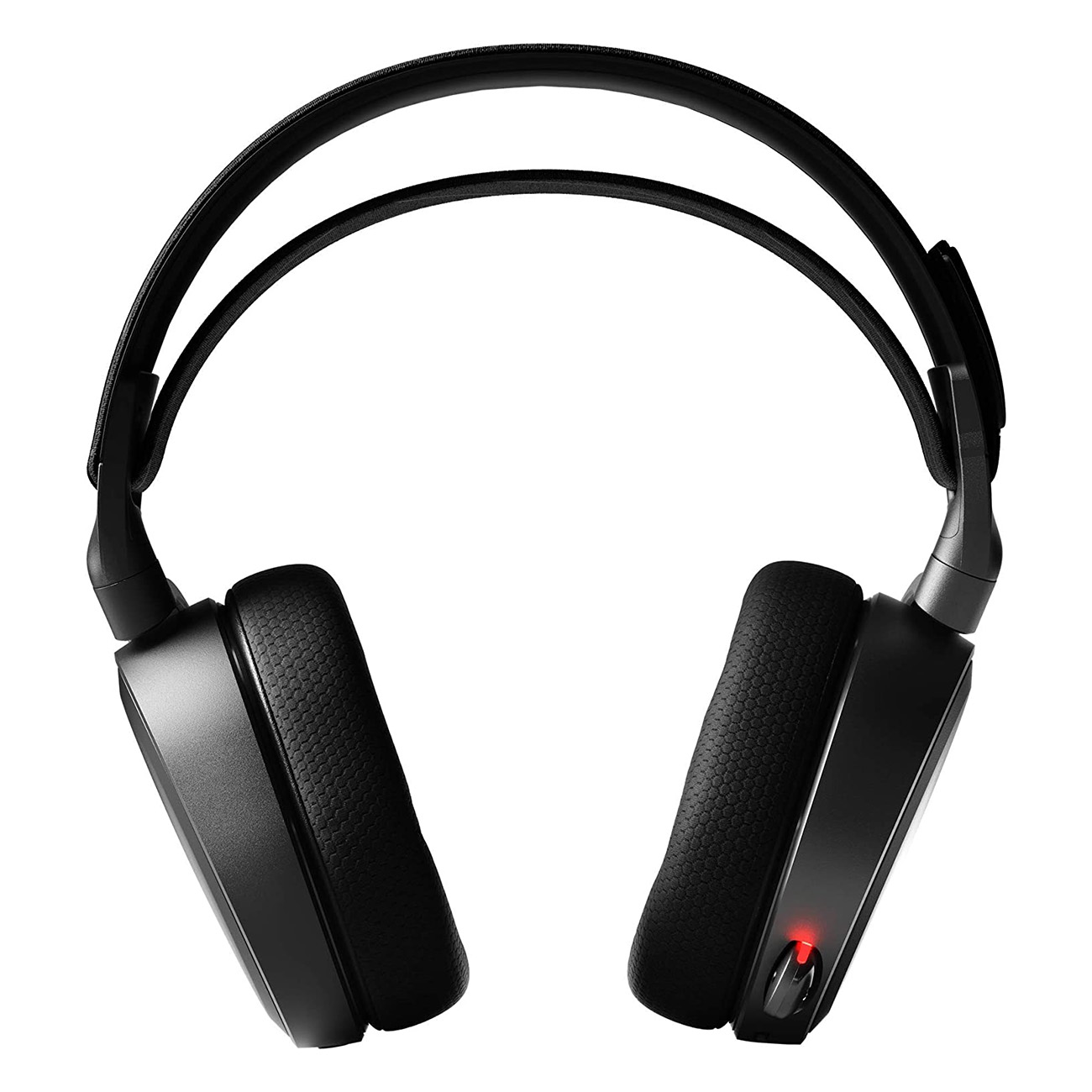 Schwarzes Headset mit Ohrmuscheln. Das Gerät hat eine rote Lichtanzeige.