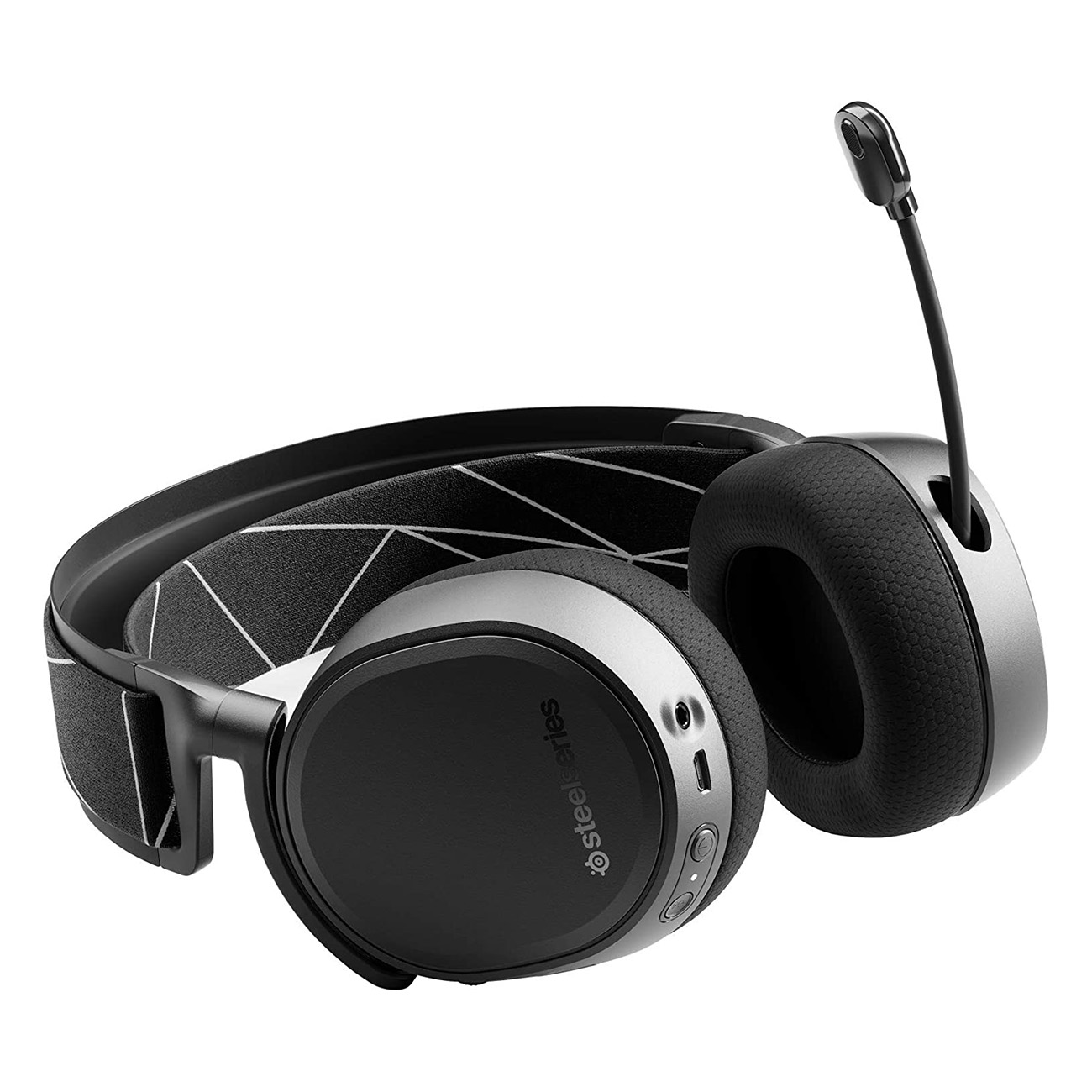 Schwarz-silbernes Gaming-Headset mit Mikrofon. Der Markenname 'steelseries' ist sichtbar.