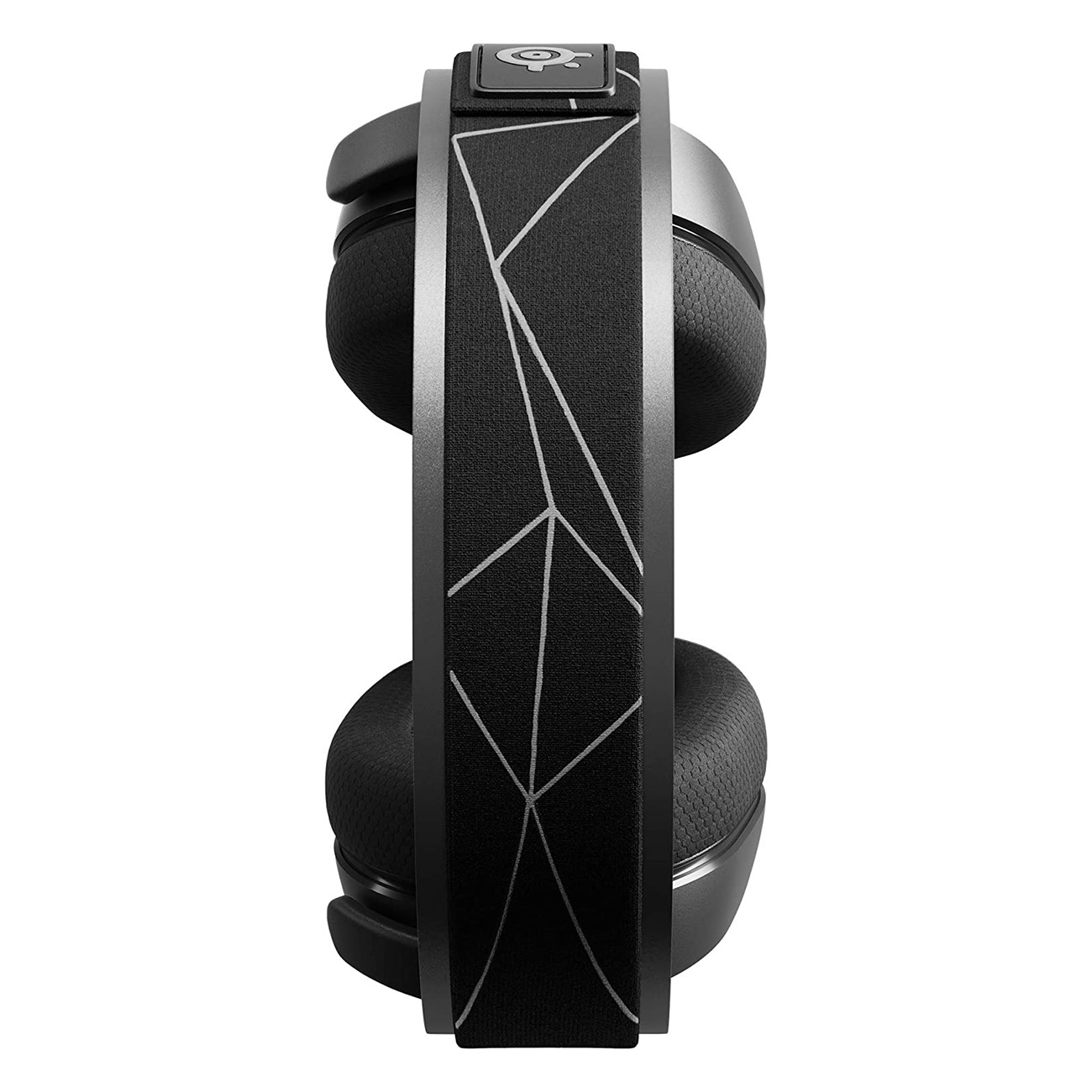 Seitenansicht eines schwarz-grauen Headsets mit geometrischem Muster am Kopfbügel.