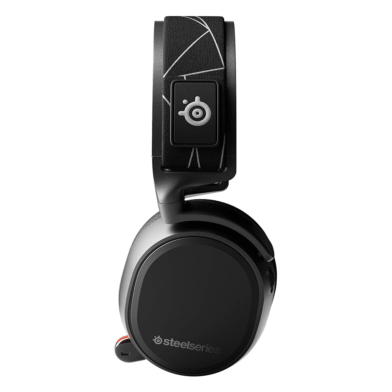 Schwarzes und silbernes SteelSeries-Headset. Es hat das SteelSeries-Logo an der Seite.