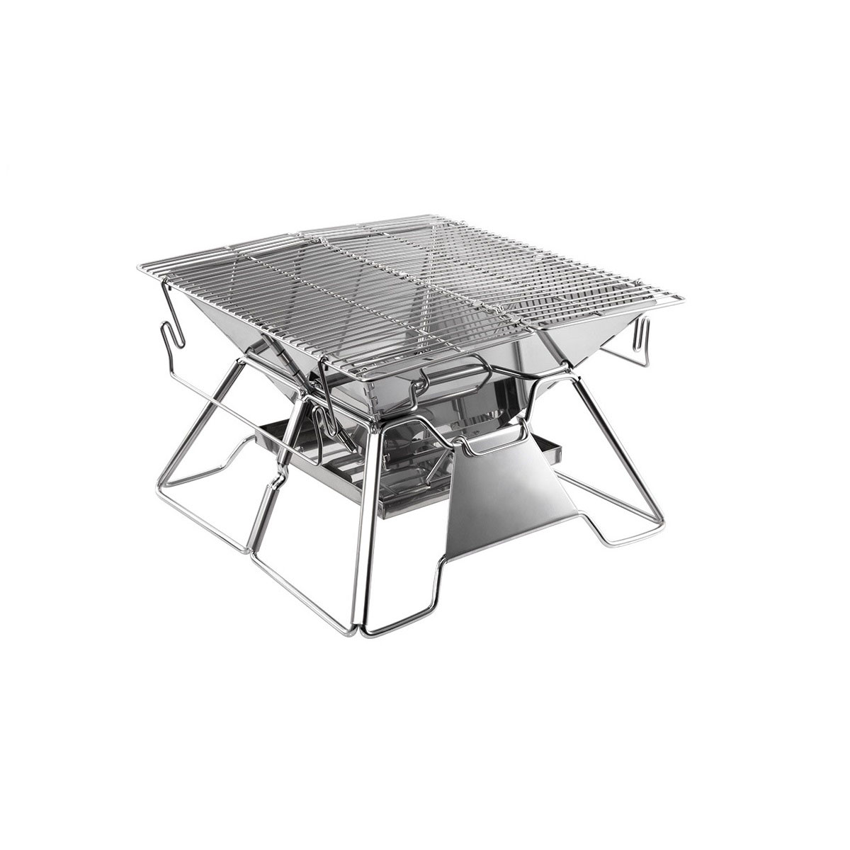 Ein Edelstahlgrill mit Drahtrost auf weißem Hintergrund, für den Außenbereich.