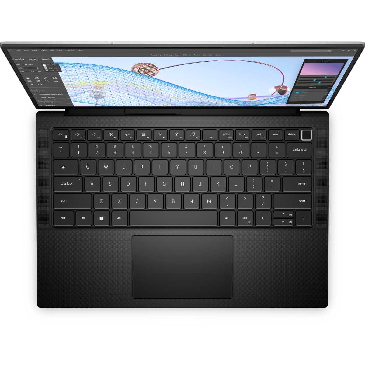 Portátil negro abierto, mostrando teclado y pantalla con gráfico azul y dorado.