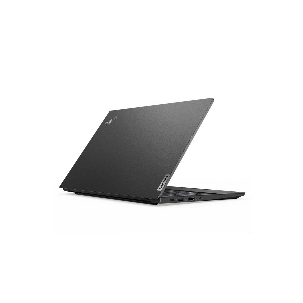 Portátil Lenovo ThinkPad negro, ligeramente abierto, vista en ángulo.
