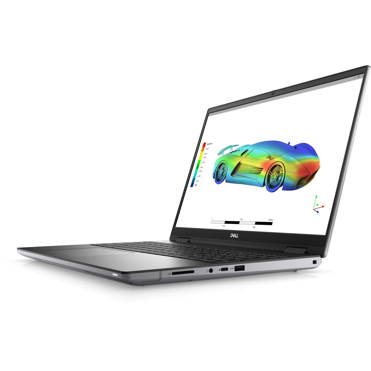 Pantalla de portátil mostrando un modelo 3D de un coche con gradientes de color, sobre fondo blanco.