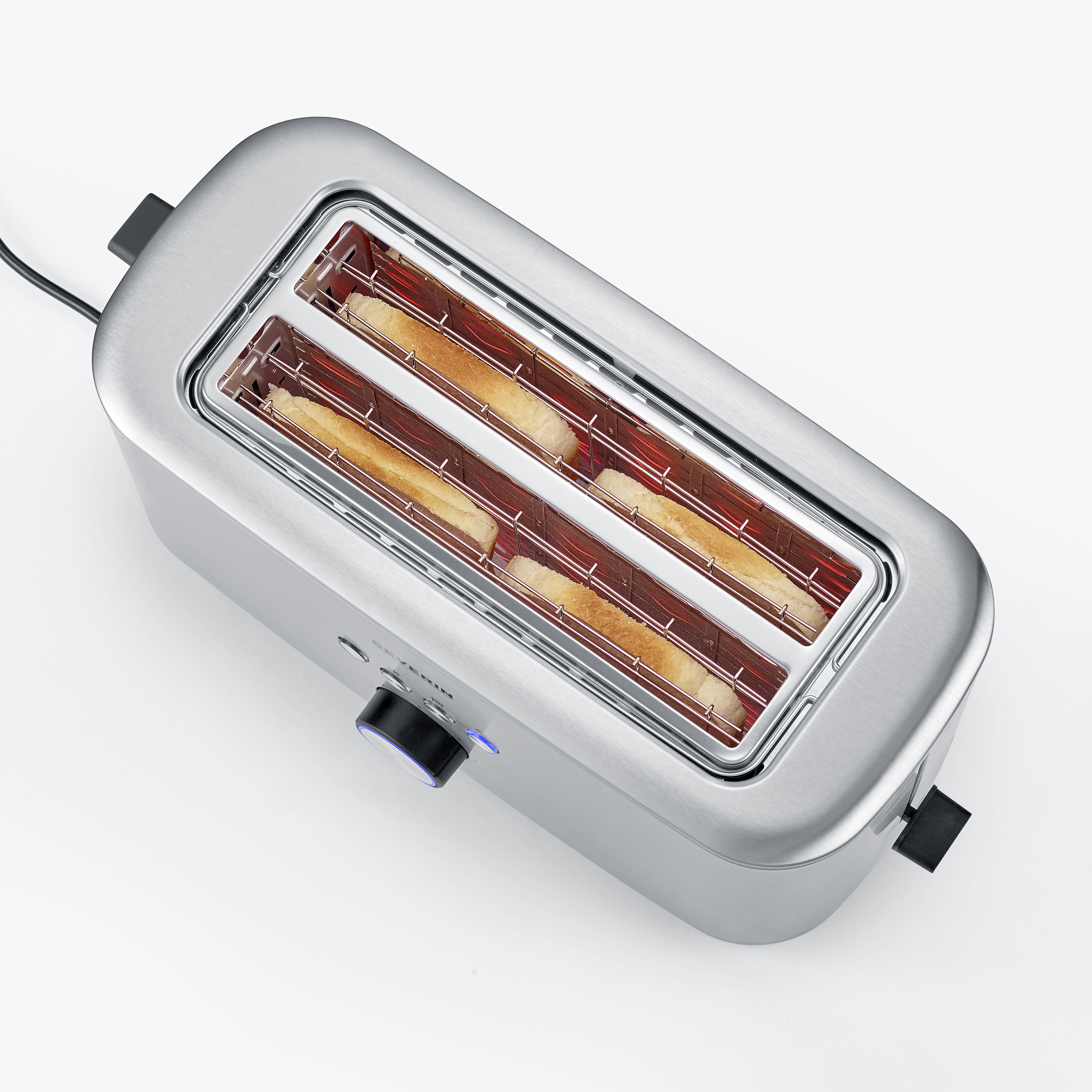 A silver toaster with two slots, toasting bread. The control knob is blue.
