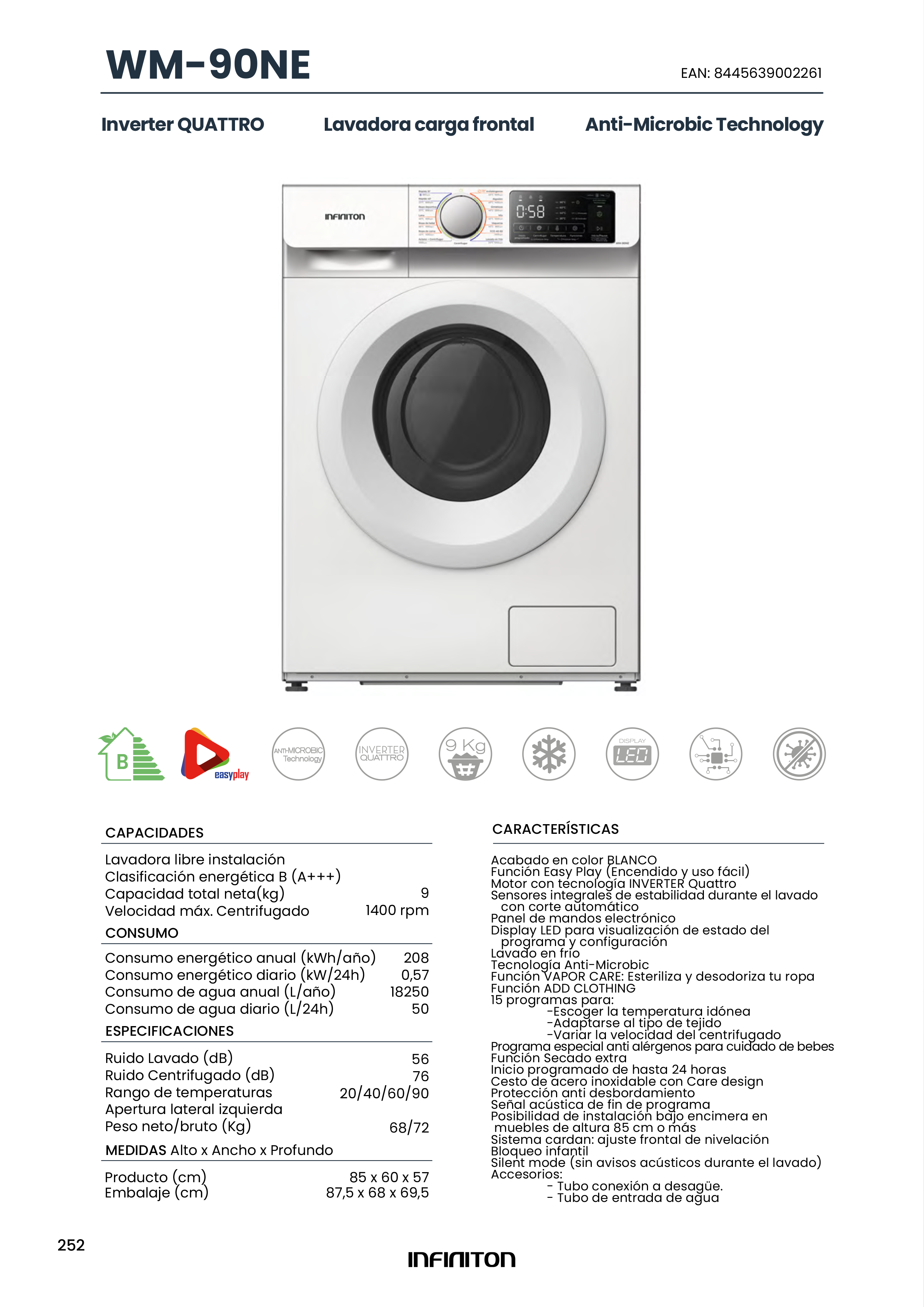 Una lavadora blanca con texto e iconos, que muestra información sobre eficiencia energética y características.