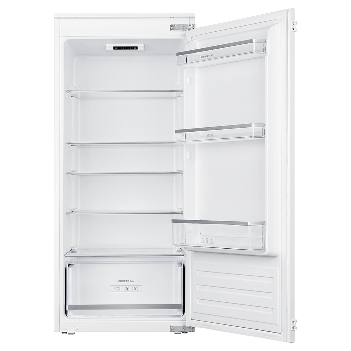 Refrigerador blanco con puerta abierta, estantes vacíos, cajones transparentes, interior negro.