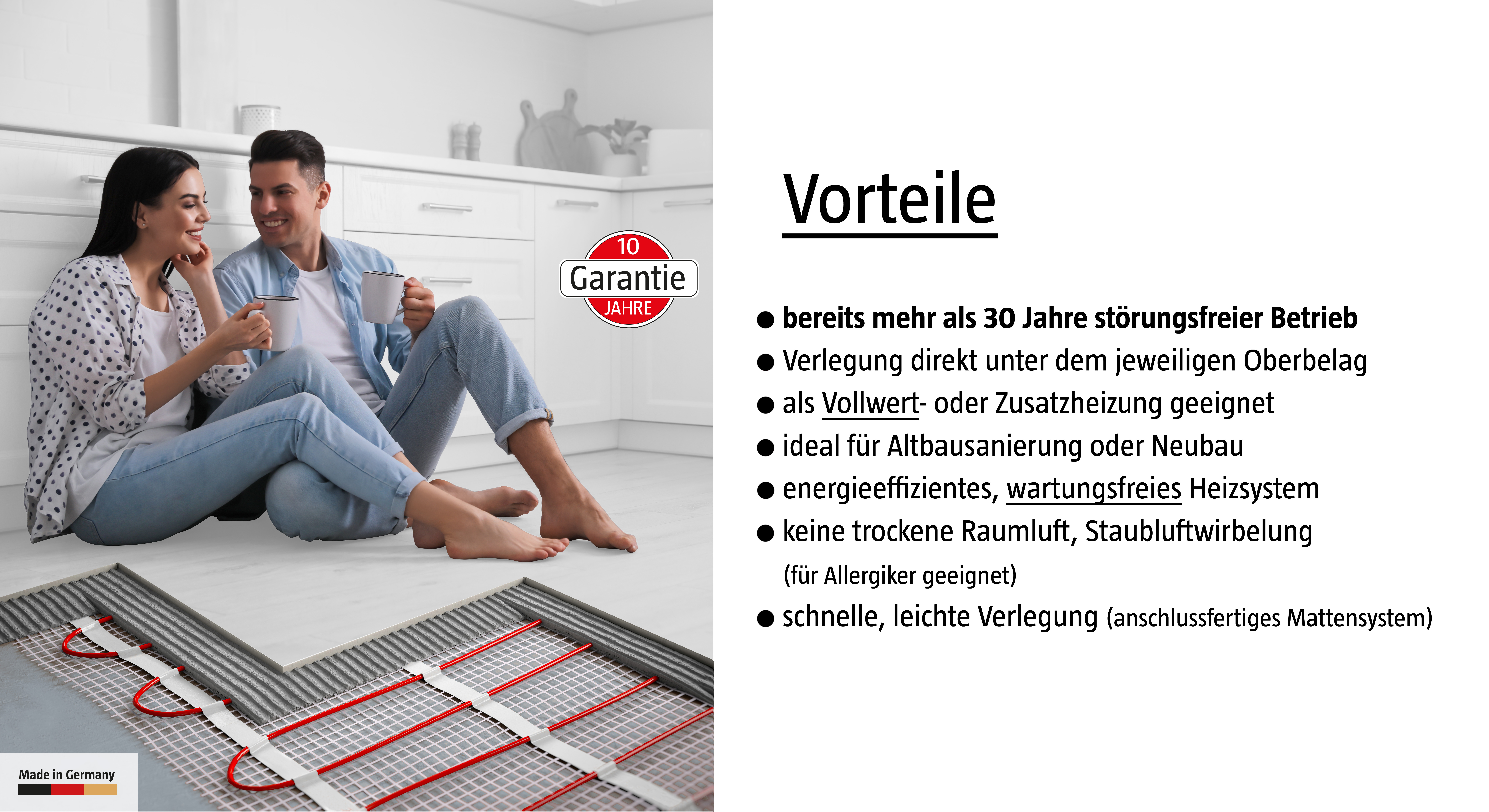 Menschen in einer Küche. Text über die Vorteile der Fußbodenheizung rechts. Roter und weißer Boden.