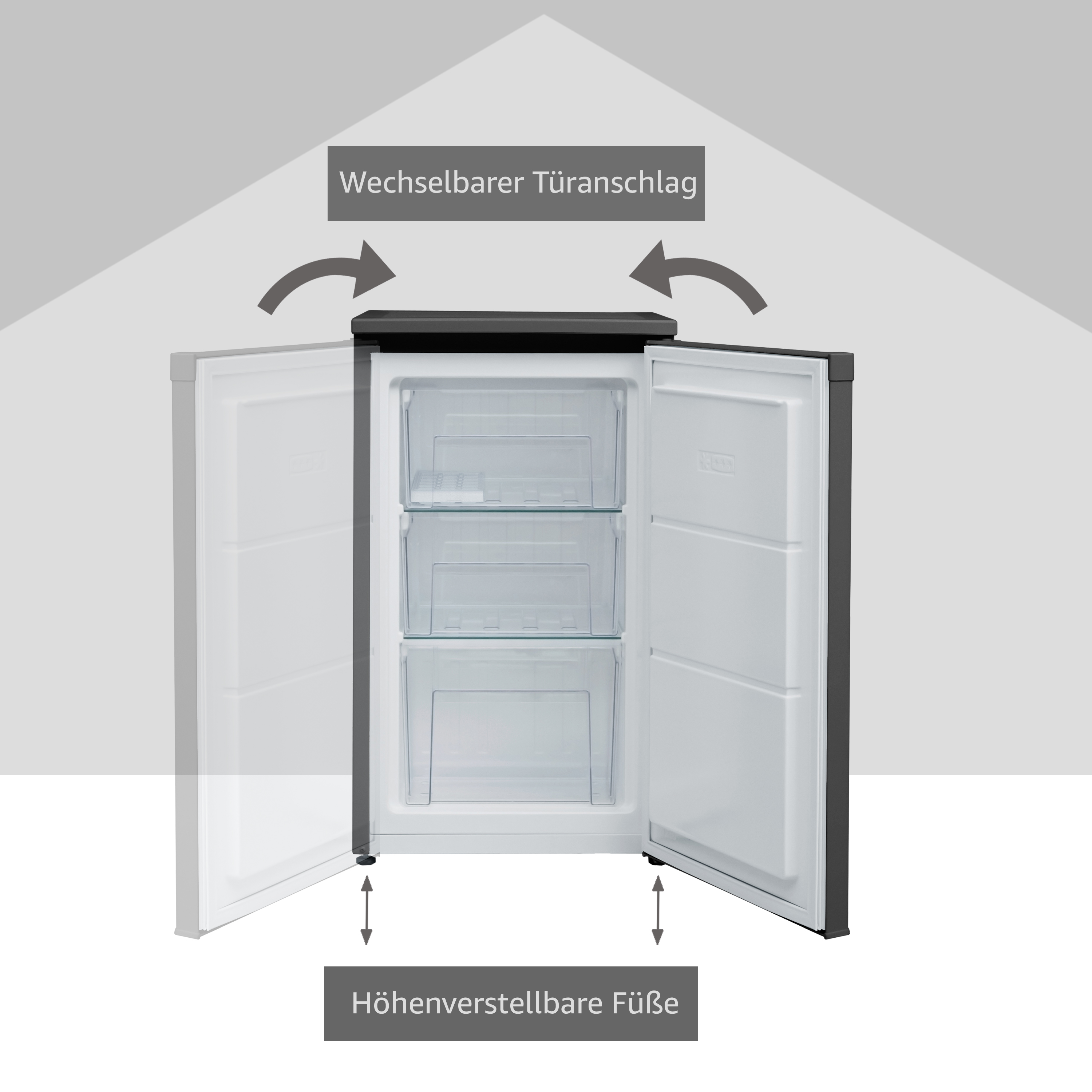 Kühlschrank mit zwei offenen Türen, zeigt Regale und verstellbare Füße.