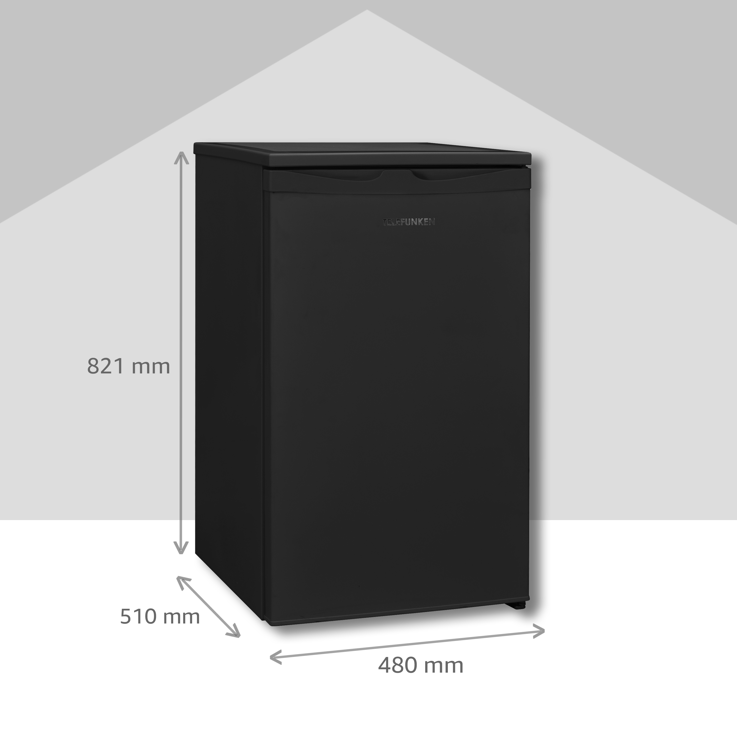 Ein schwarzer Mini-Kühlschrank mit beschrifteten Abmessungen. Der Kühlschrank ist rechteckig und hat ein schlichtes, modernes Design.