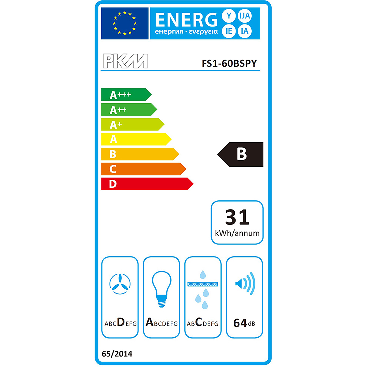 Ein Energieeffizienz-Label. Zeigt eine Energieeffizienzbewertung mit verschiedenen Symbolen.