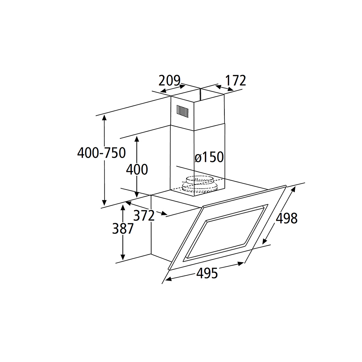 Diagramm einer Dunstabzugshaube mit Abmessungen und Maßen in Millimetern.