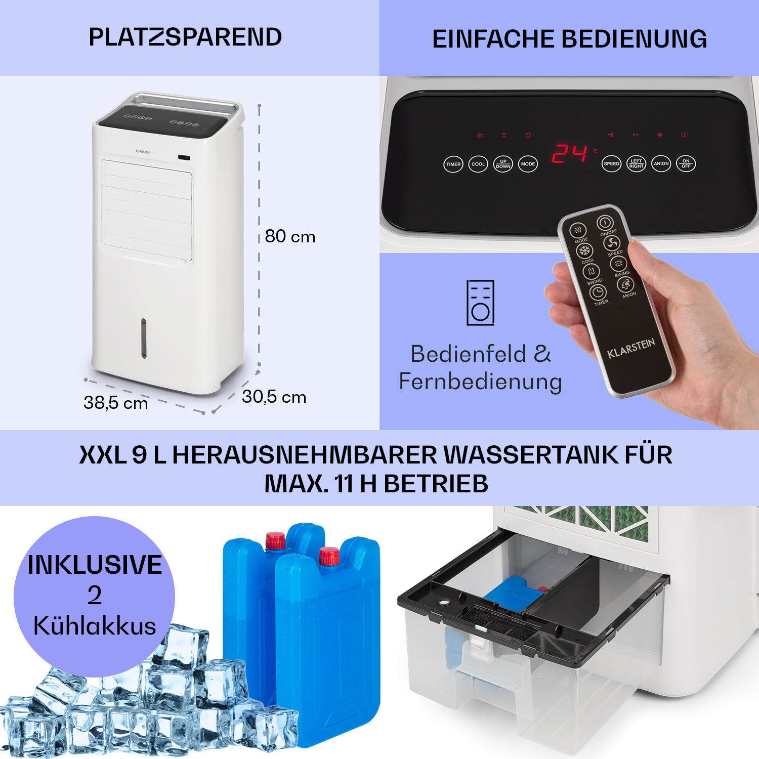Weißer Luftkühler mit Bedienfeld, Fernbedienung und Kühlakkus. Text auf Deutsch.