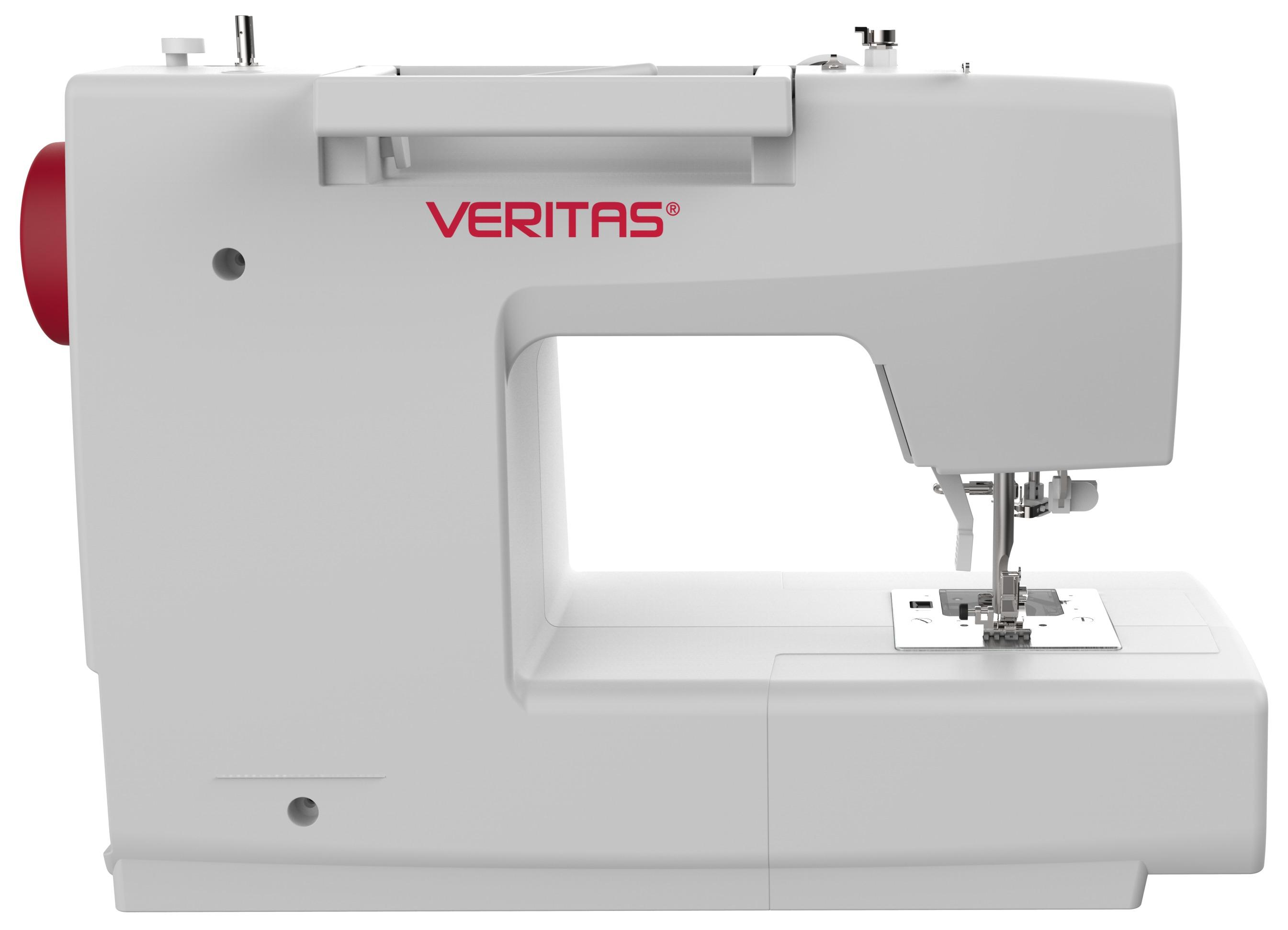 Weiße Nähmaschine mit roten Details. Marke 'VERITAS' in roten Buchstaben sichtbar.