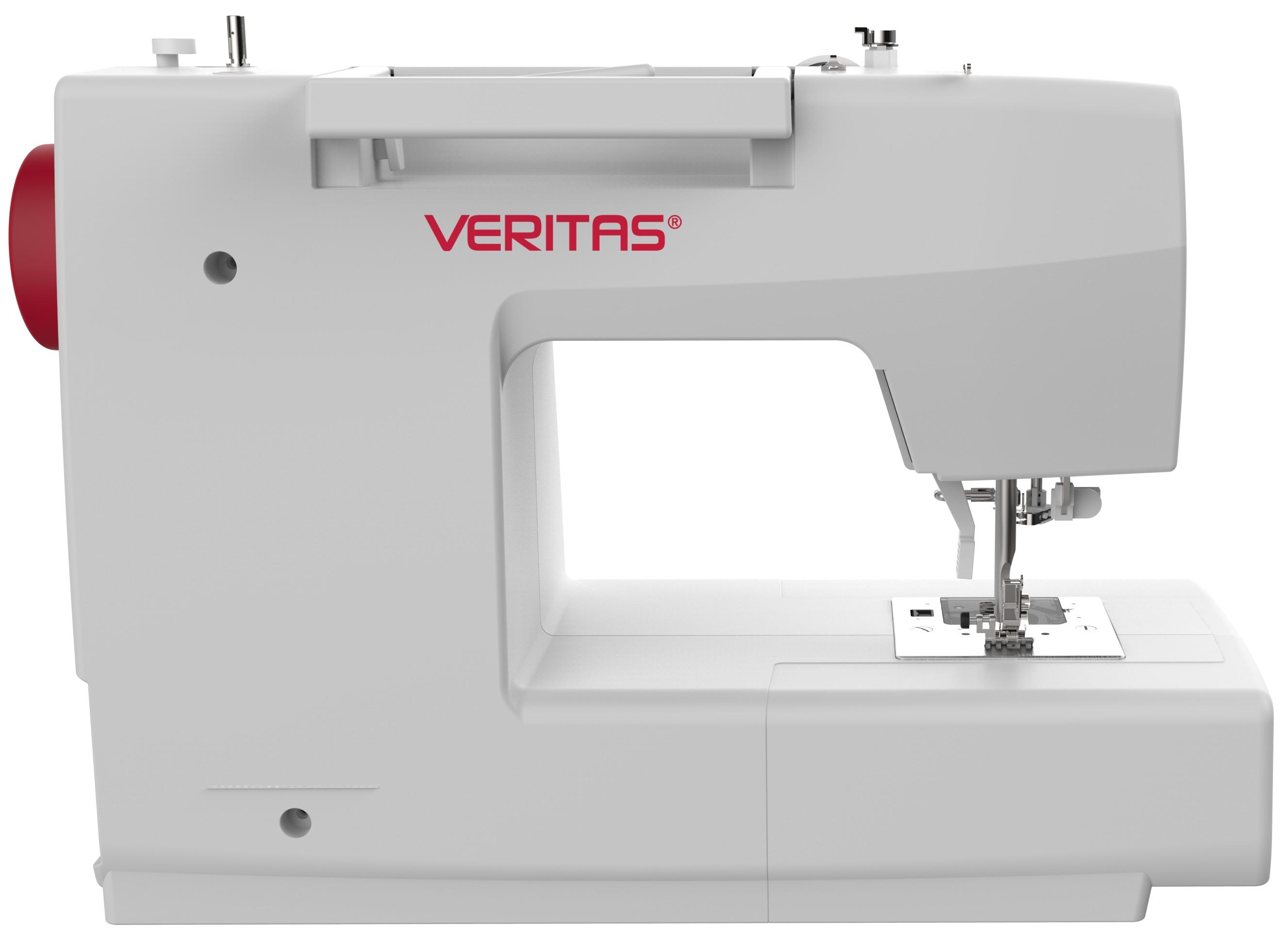 Weiße Veritas Nähmaschine mit roten Details und Branding.