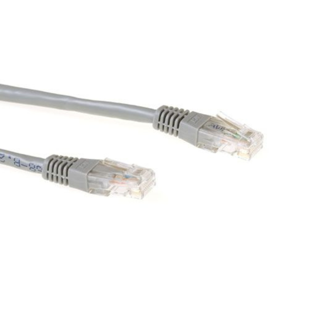 Due cavi di rete RJ45 grigi con connettori trasparenti, su sfondo bianco.