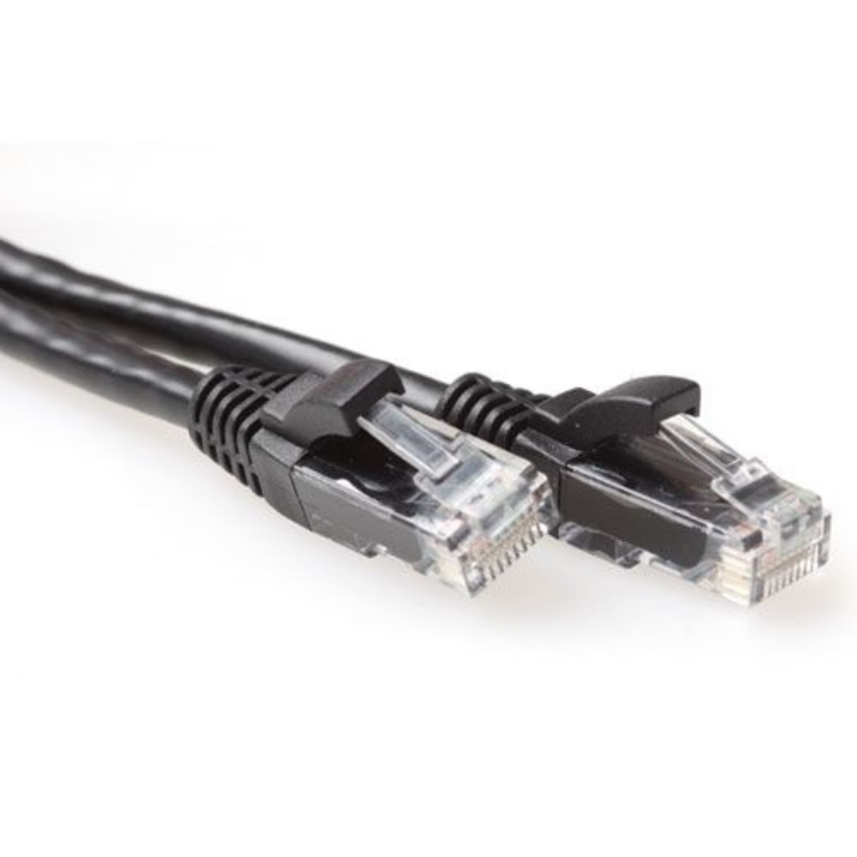 Twee zwarte Ethernet-kabels met transparante connectoren op witte achtergrond.